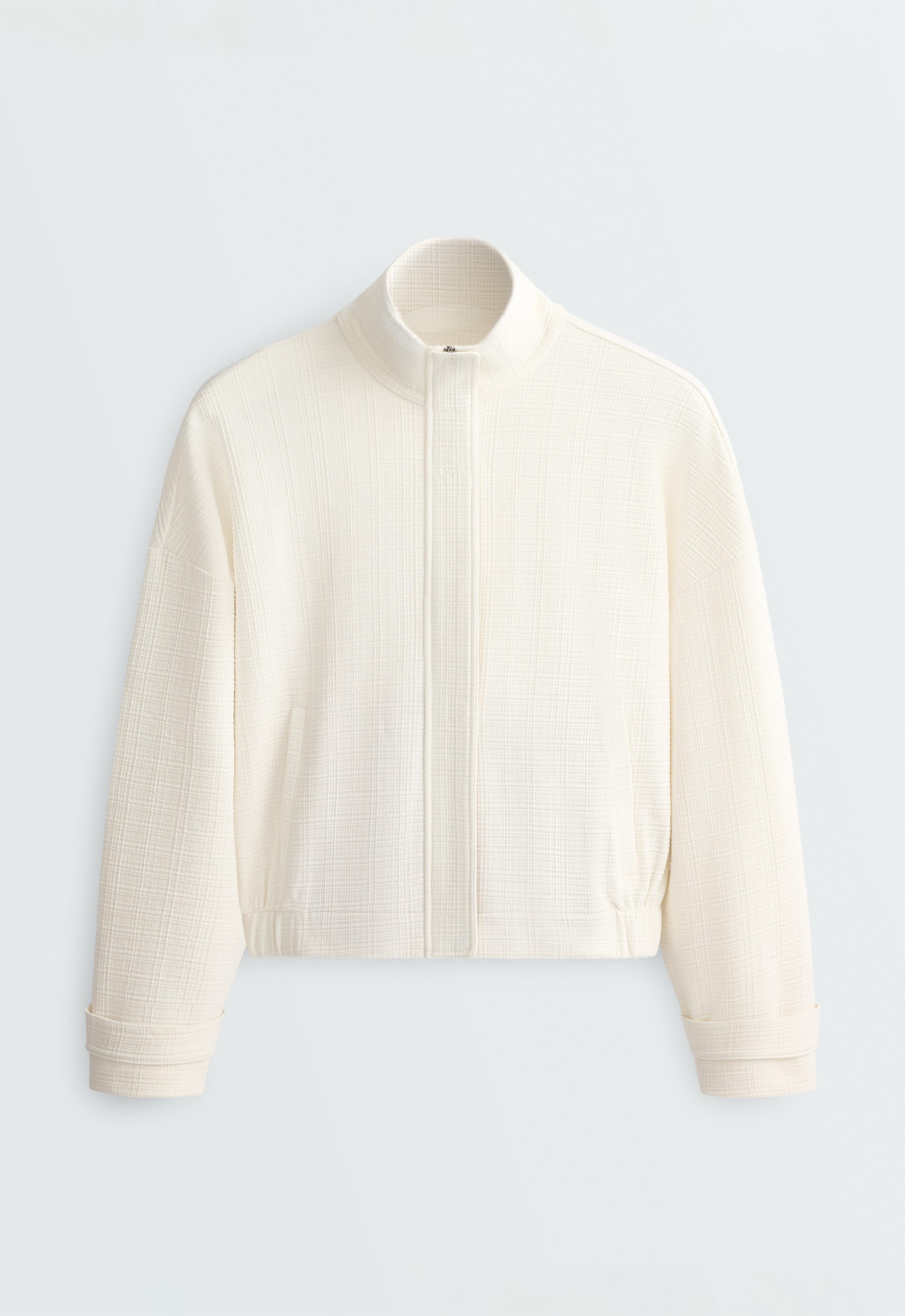 Cotton stripe texture cropped jacket — PALE ECRU