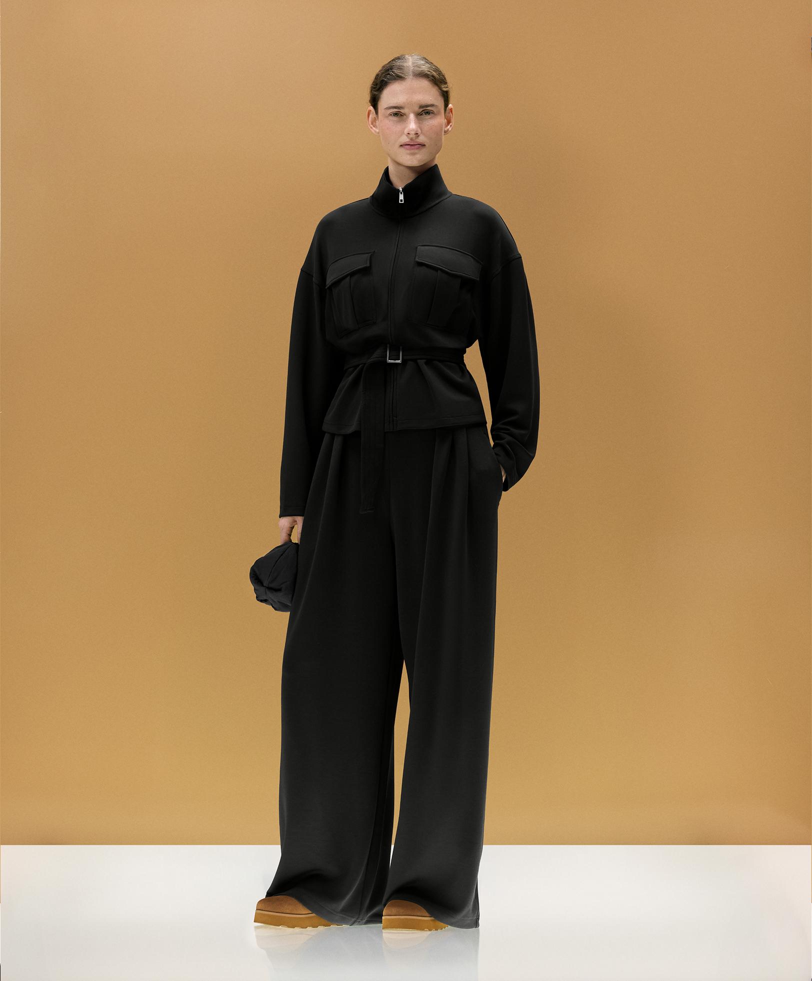 Soft-touch modal wide-leg trousers with pleat waist detail — BLACK