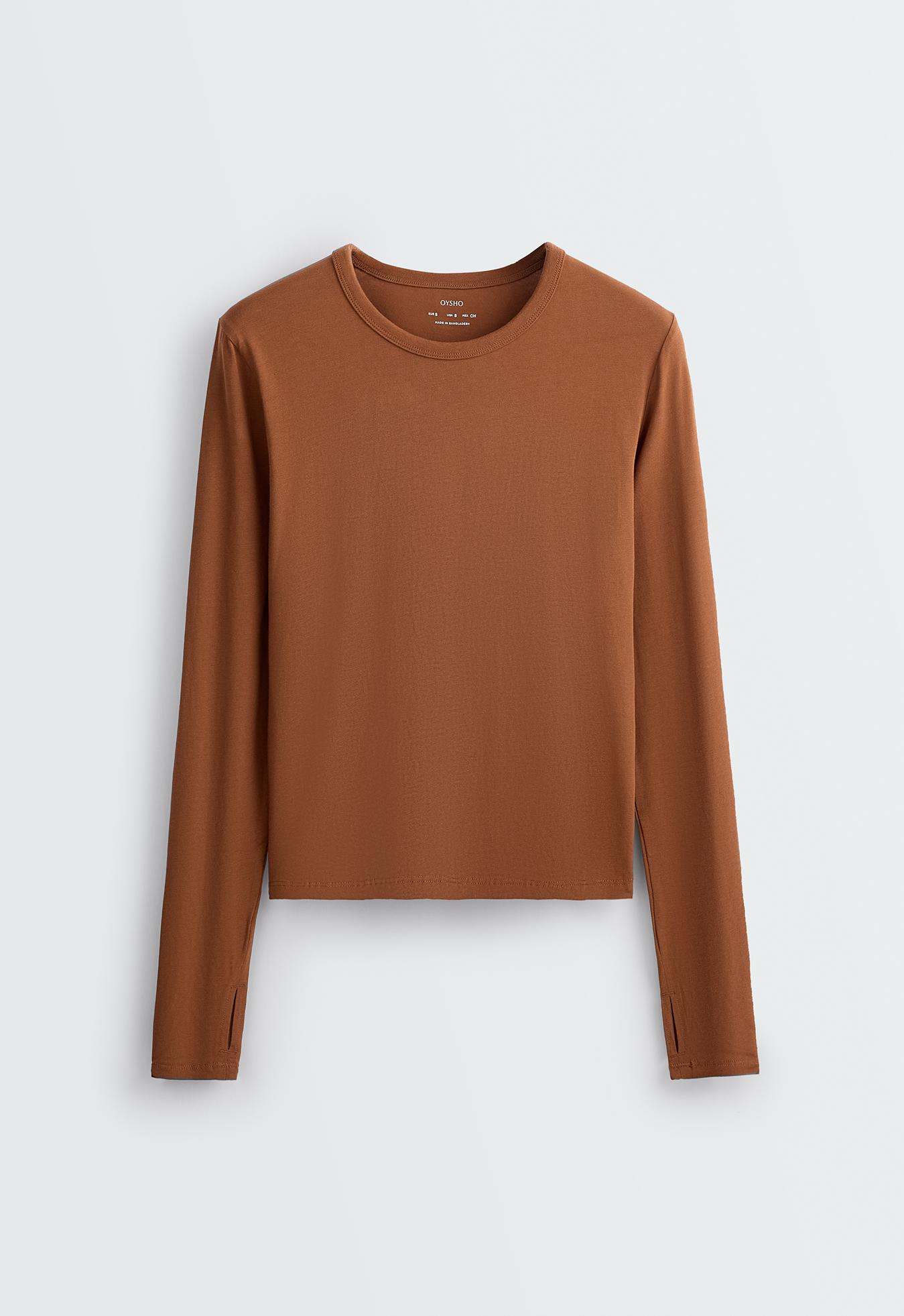 Cotton blend long-sleeved T-shirt — DARK CAMEL