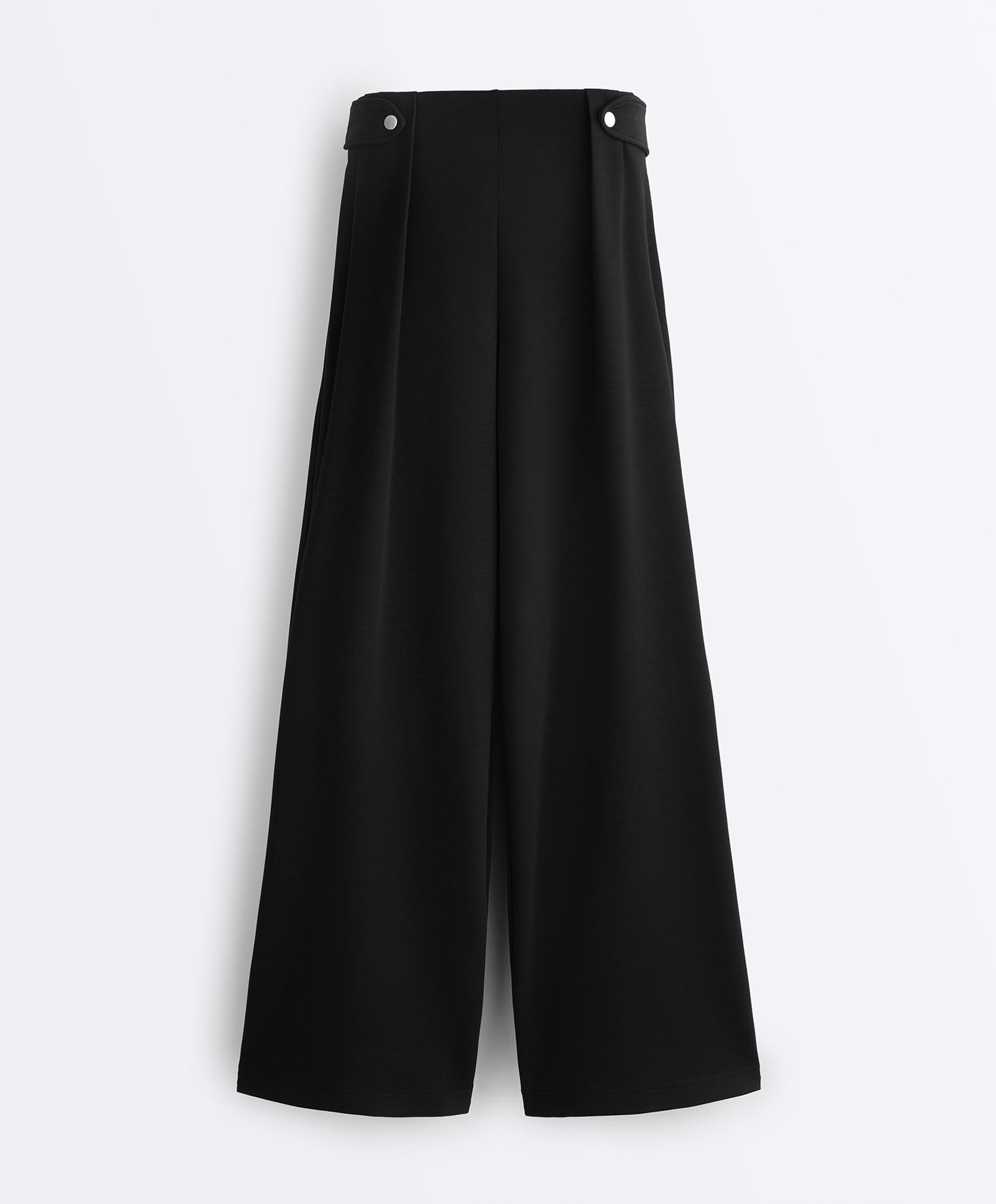 Soft-touch modal wide-leg trousers with pleat waist detail — BLACK