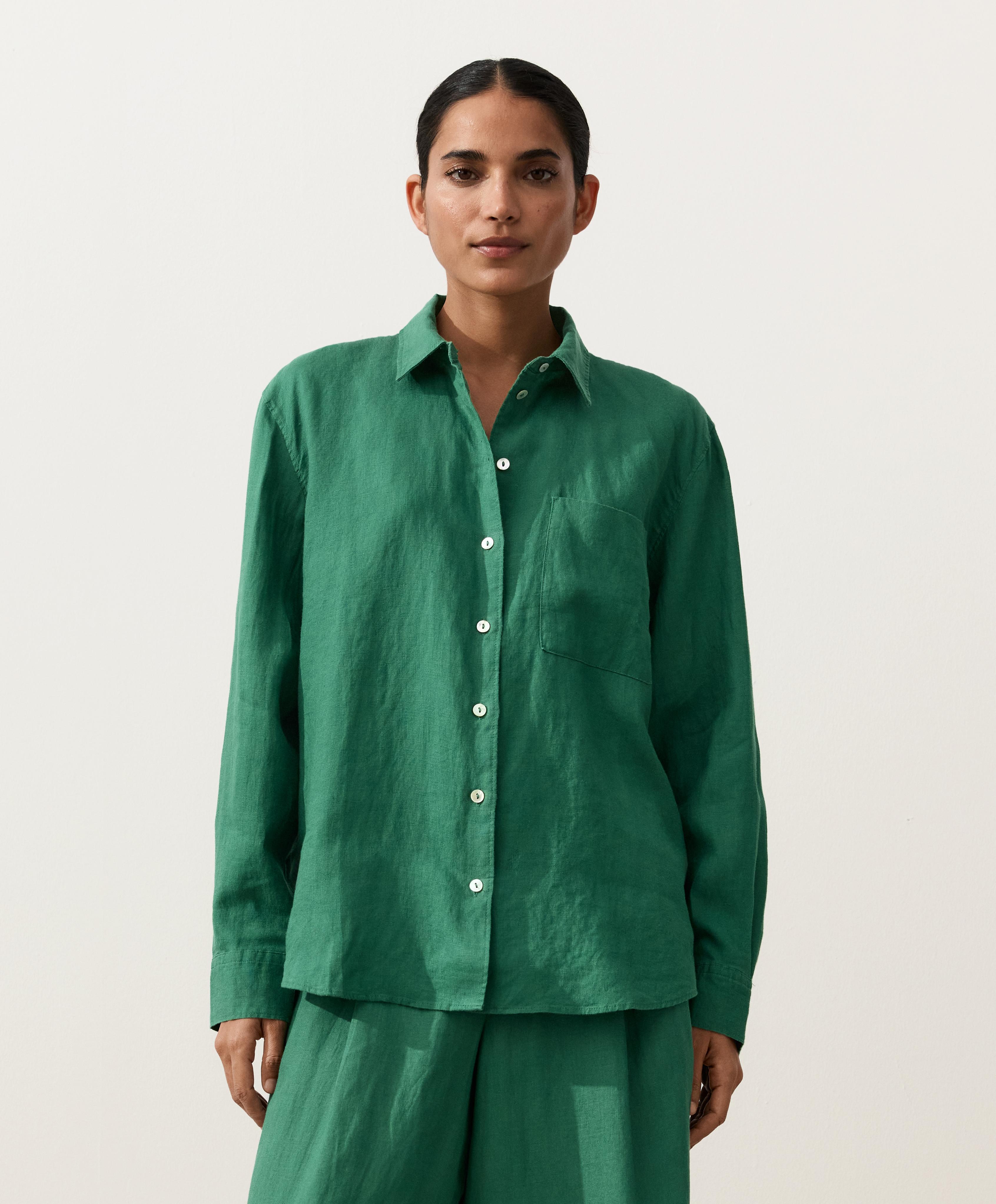 100% linen relaxed shirt — EMERALD GREEN