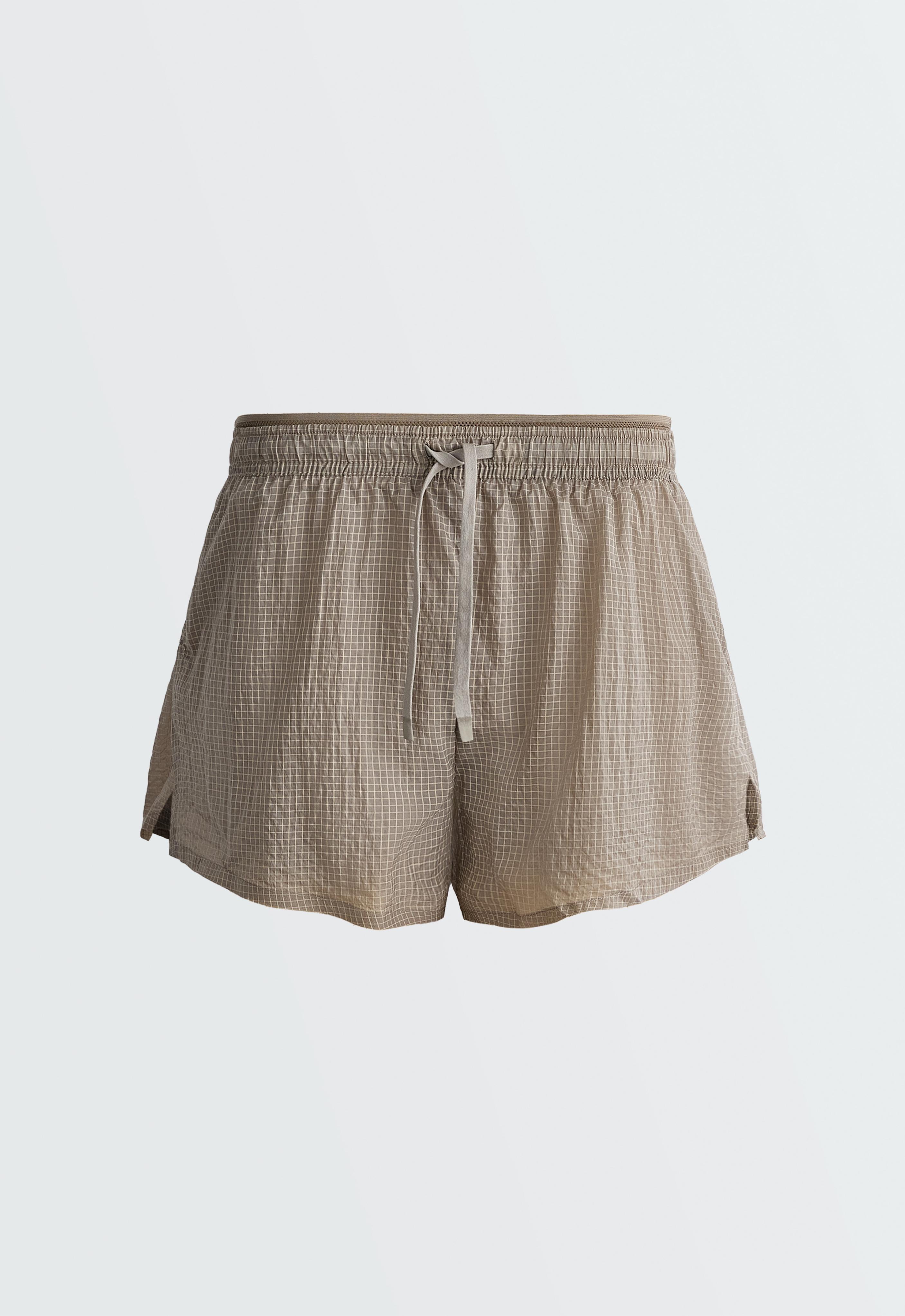 Technical 2-in-1 checked mid-rise shorts — MINK GREY