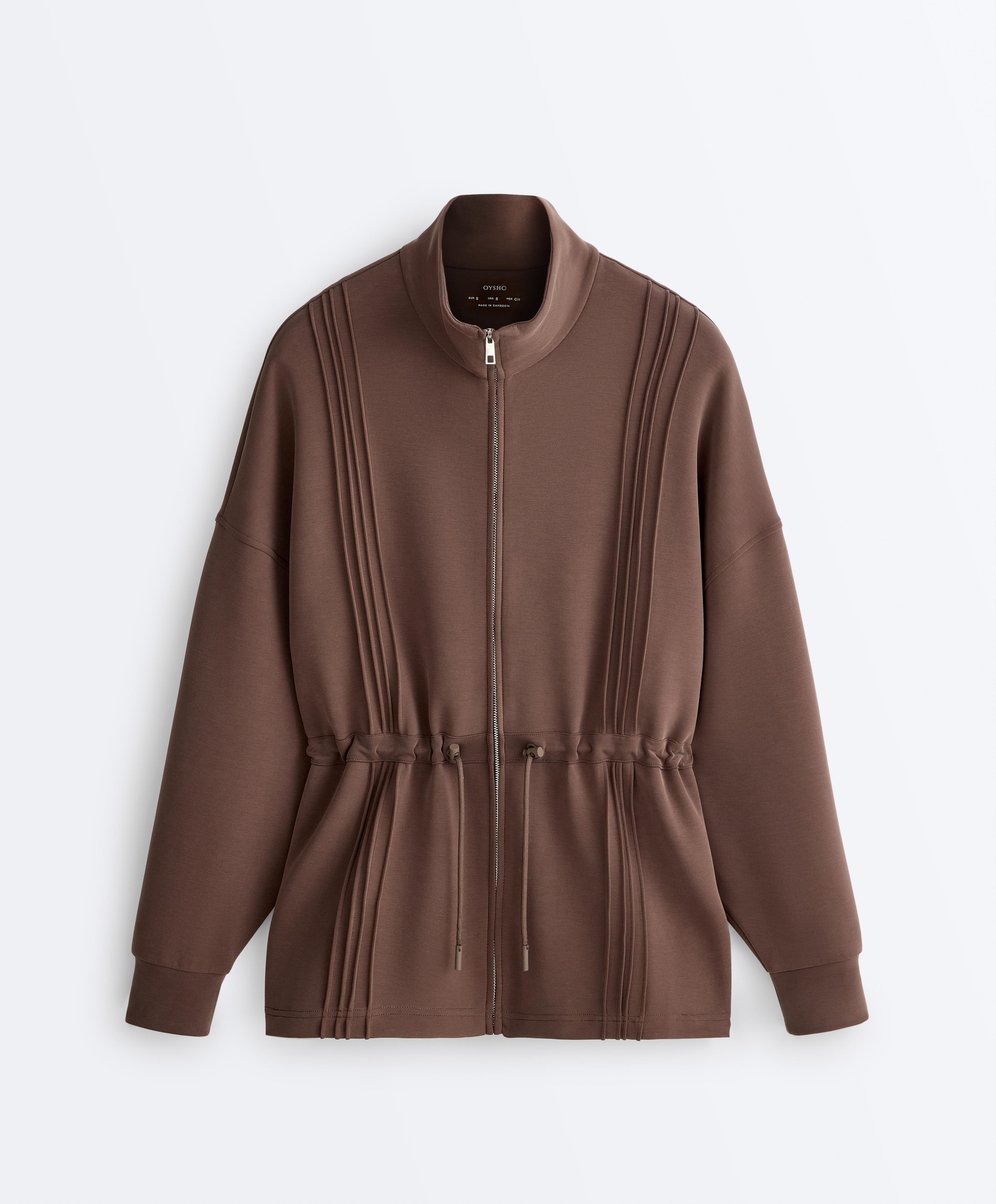 Long jacket with ribbed high neck and soft-touch modal — MID-BROWN