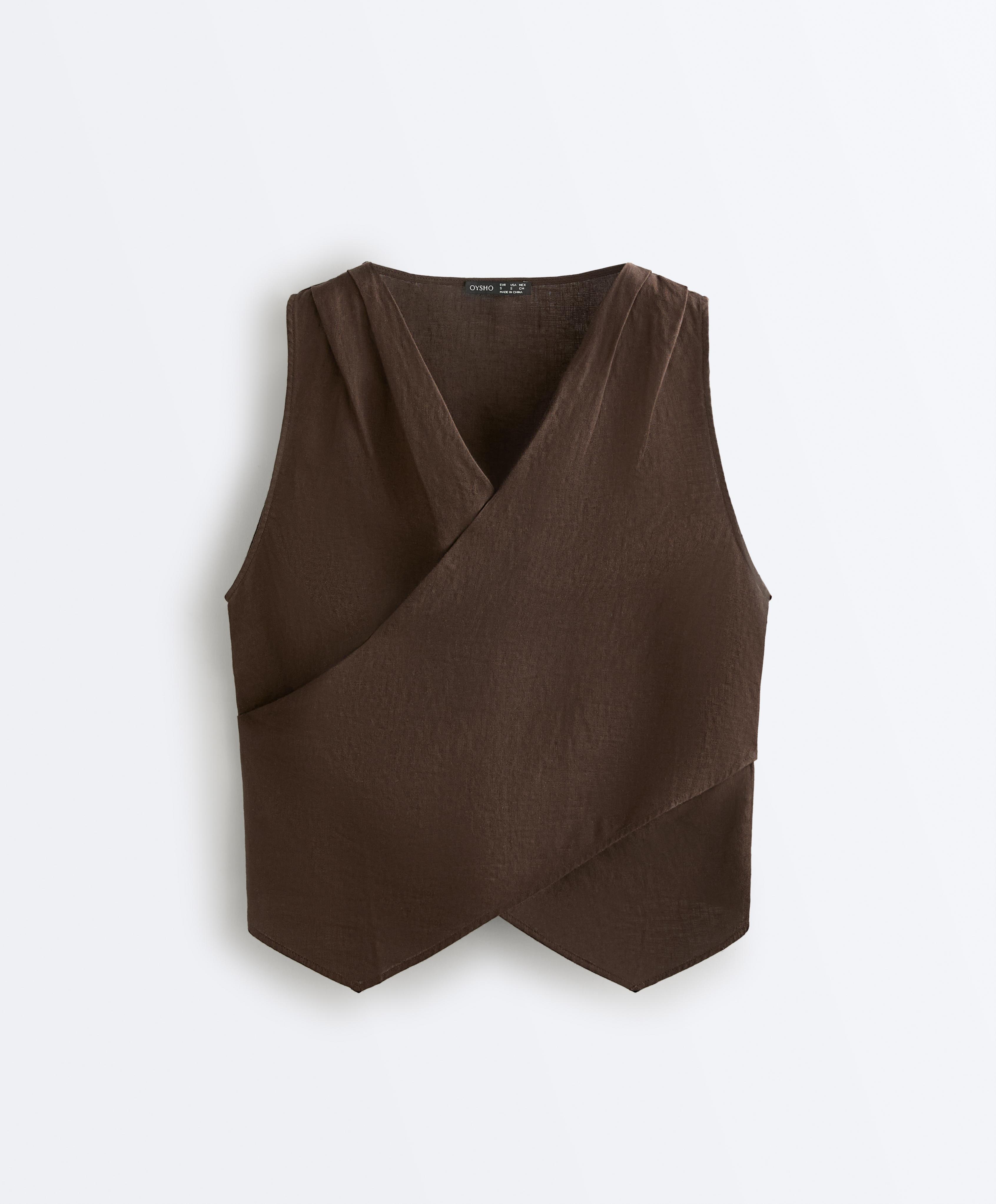 100% linen crossover top — DARK BROWN