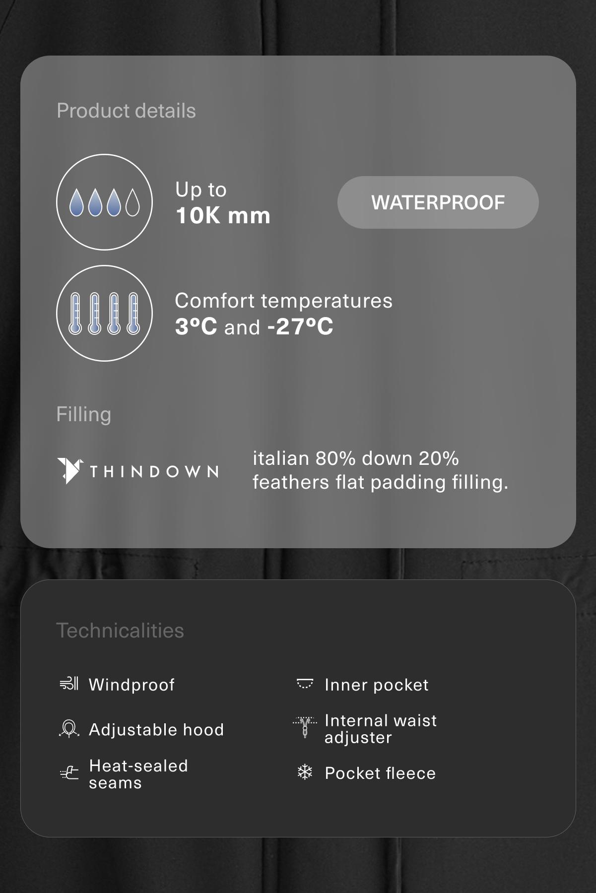 10k Thindown® waterproof extra-light long padded jacket — BLACK