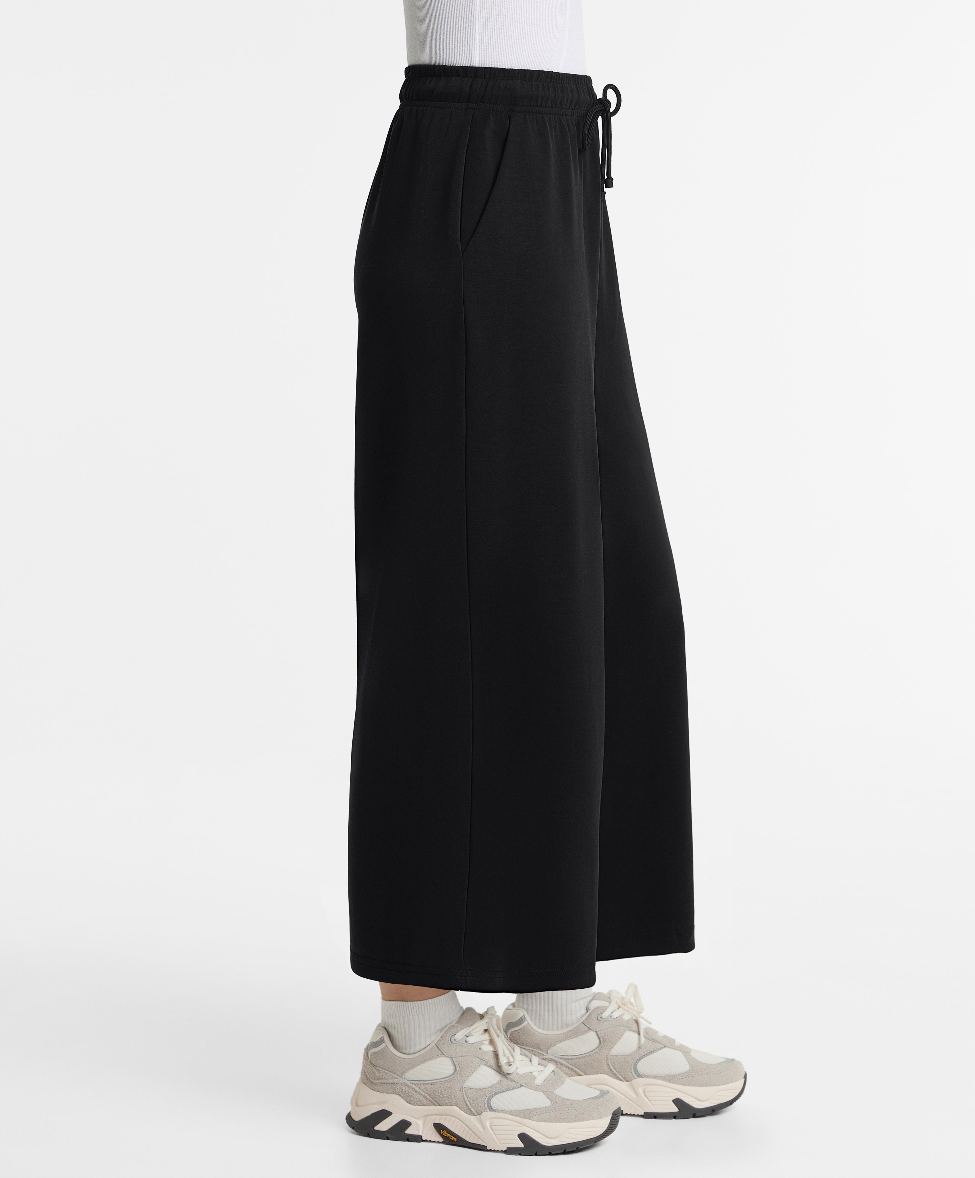 Soft-touch wide-leg crop trousers with modal — BLACK