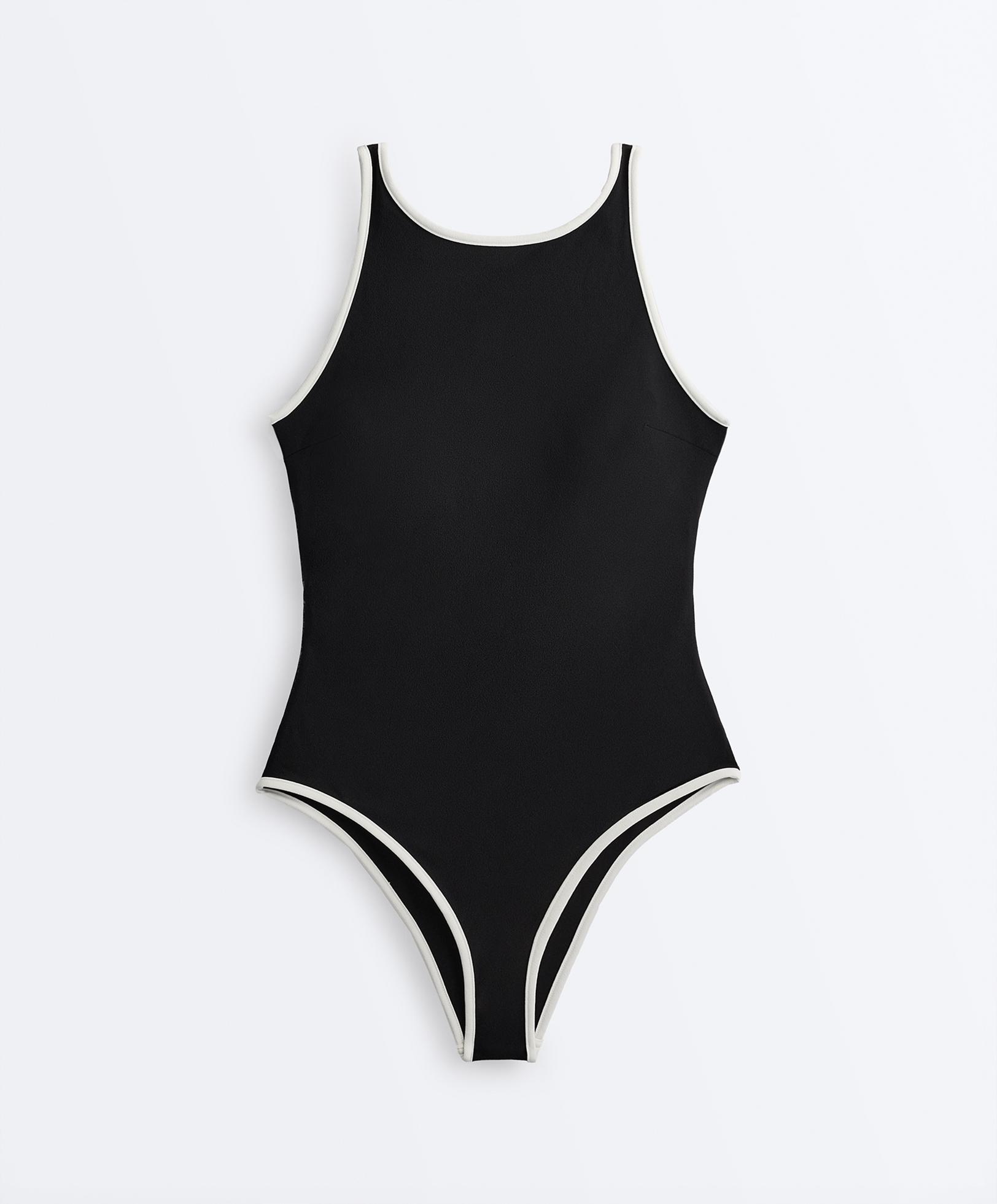 Contrast trim halterneck swimsuit — BLACK