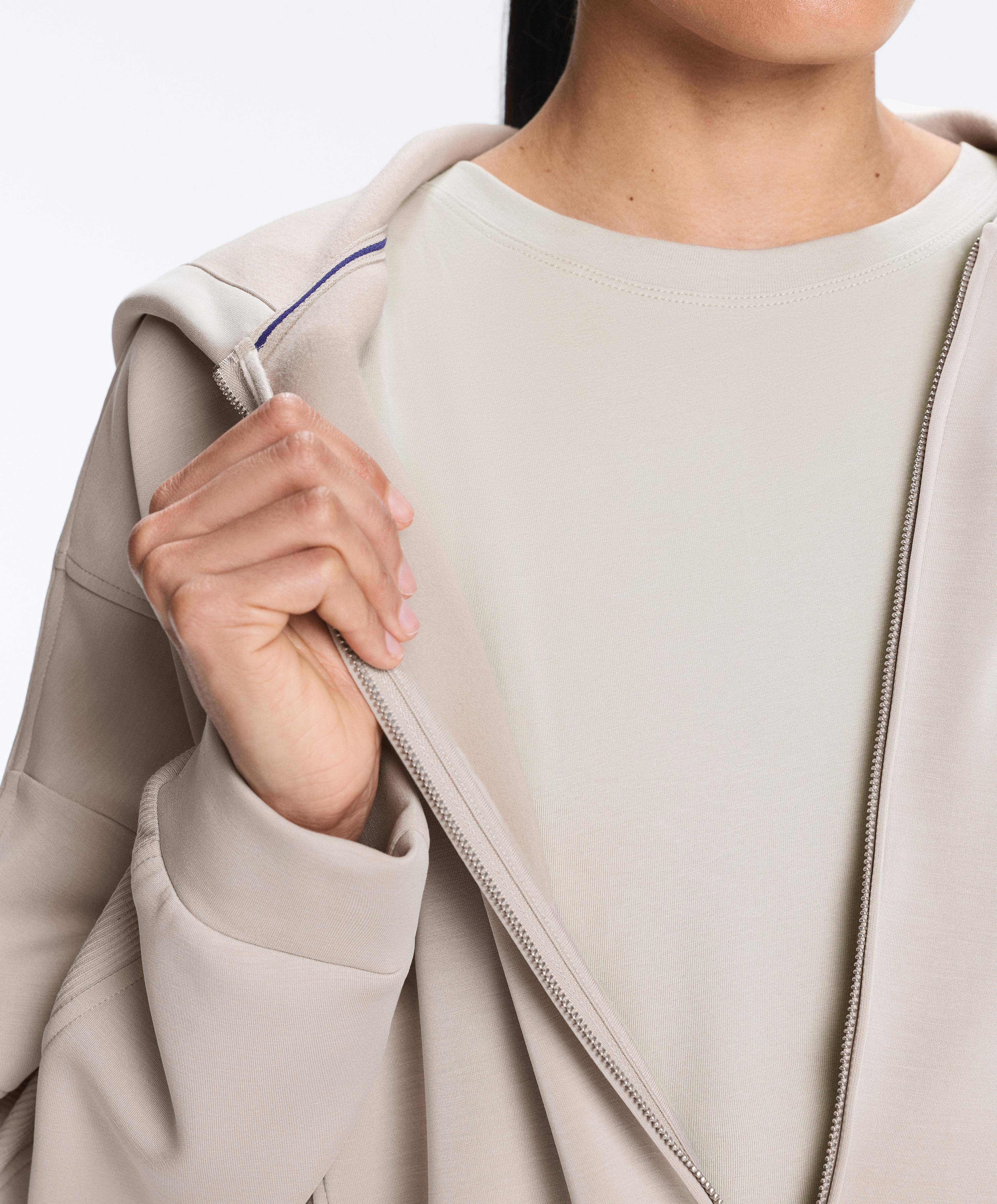 Long hooded jacket with rib details and brushed modal — TAUPE                   