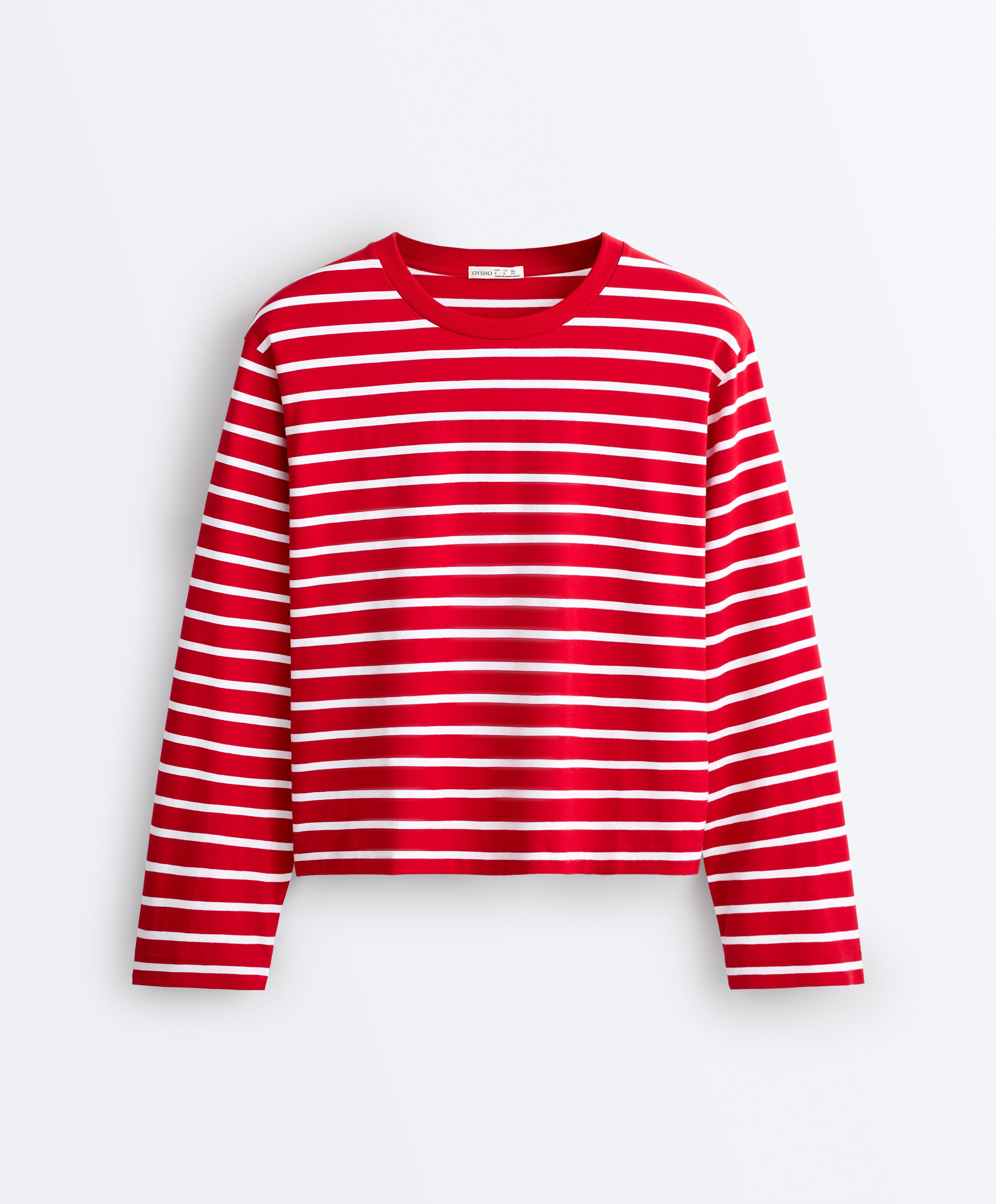 Boxy long-sleeved striped cotton-blend T-shirt — RED