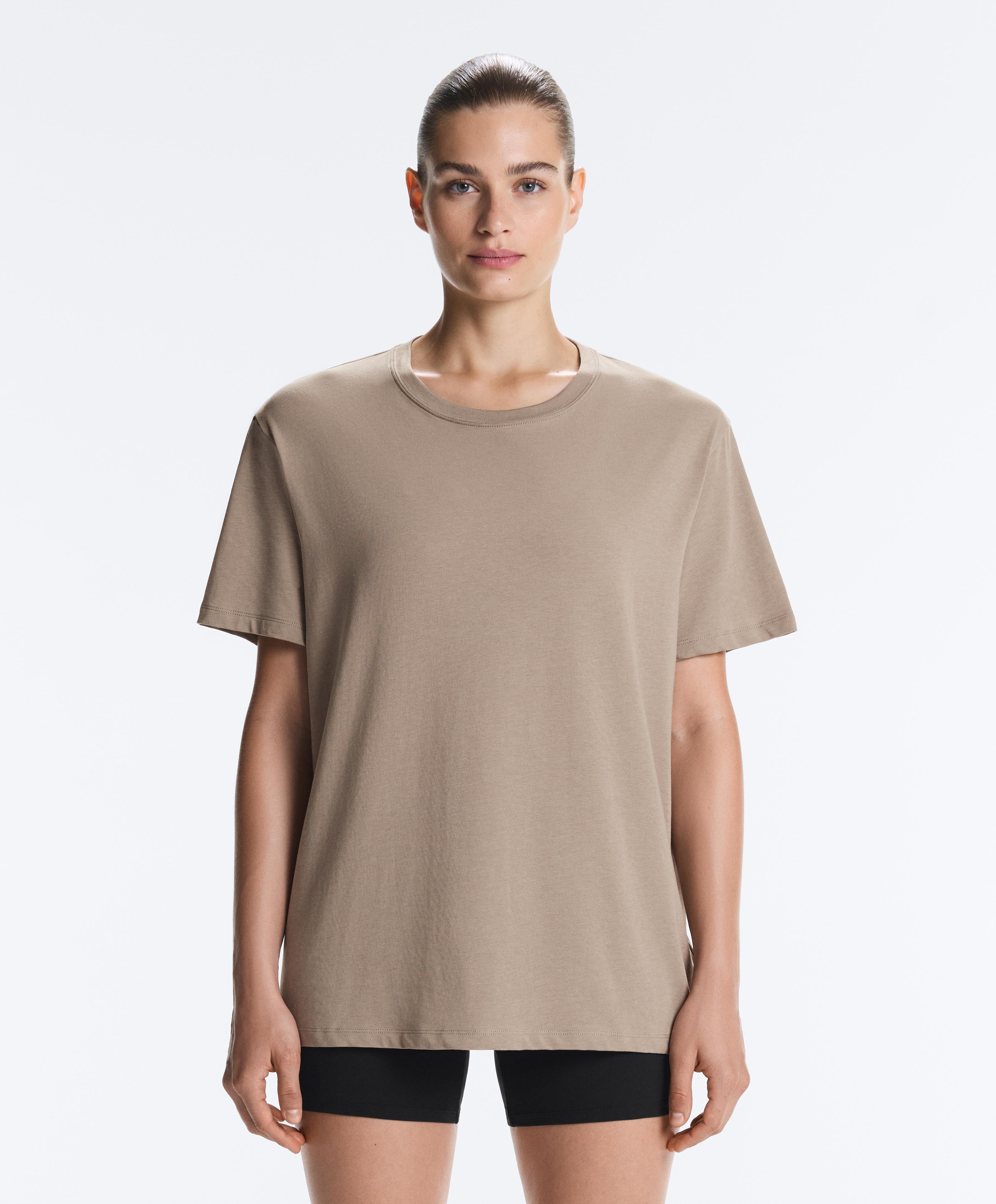 Boxy short-sleeved cotton blend T-shirt with slogan — MINK GREY