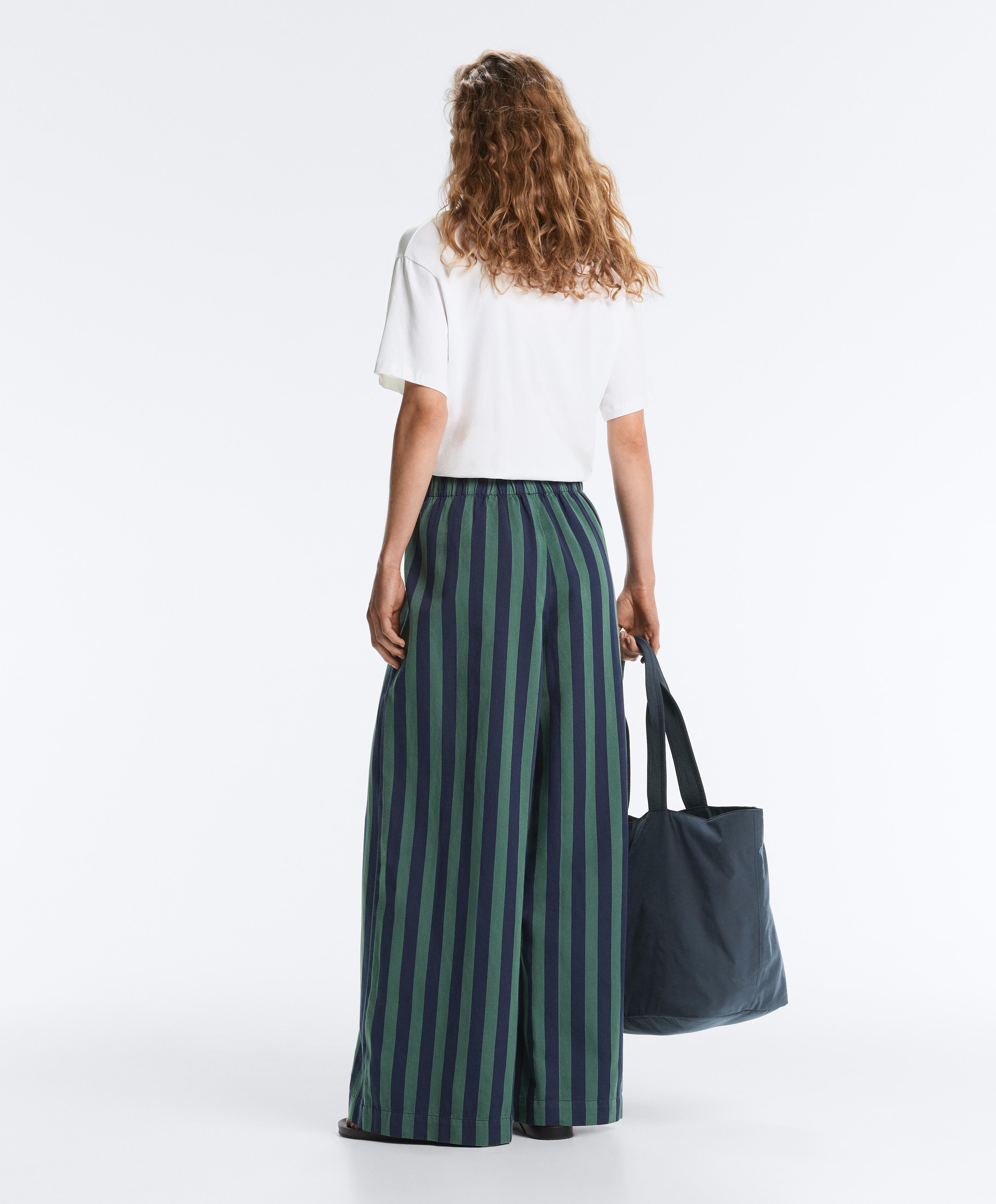 Wide-leg cotton blend striped trousers — GREEN