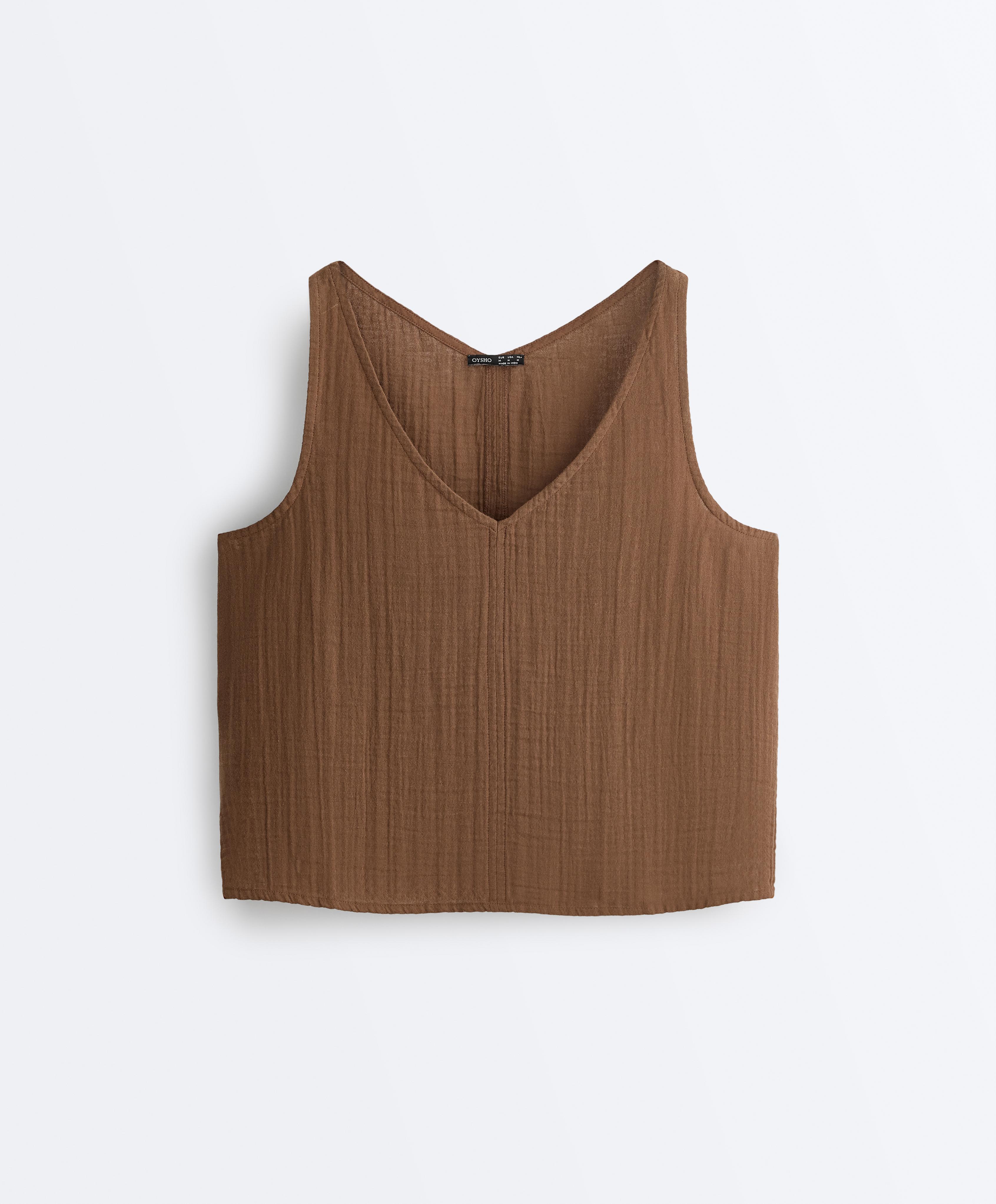 100% cotton gauze V-neck strappy top — TAN