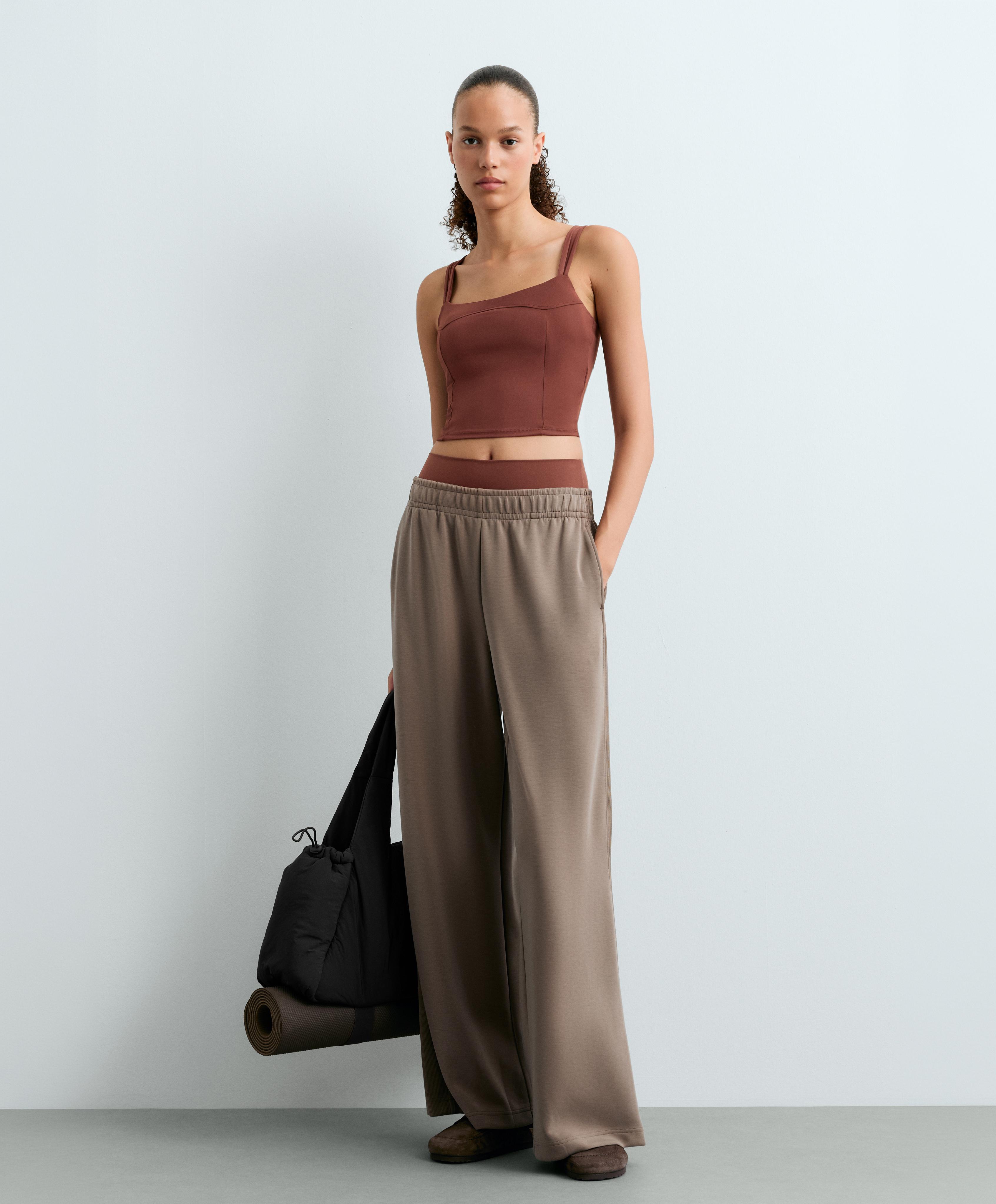 Soft-touch modal wide straight-leg rib trousers — MINK