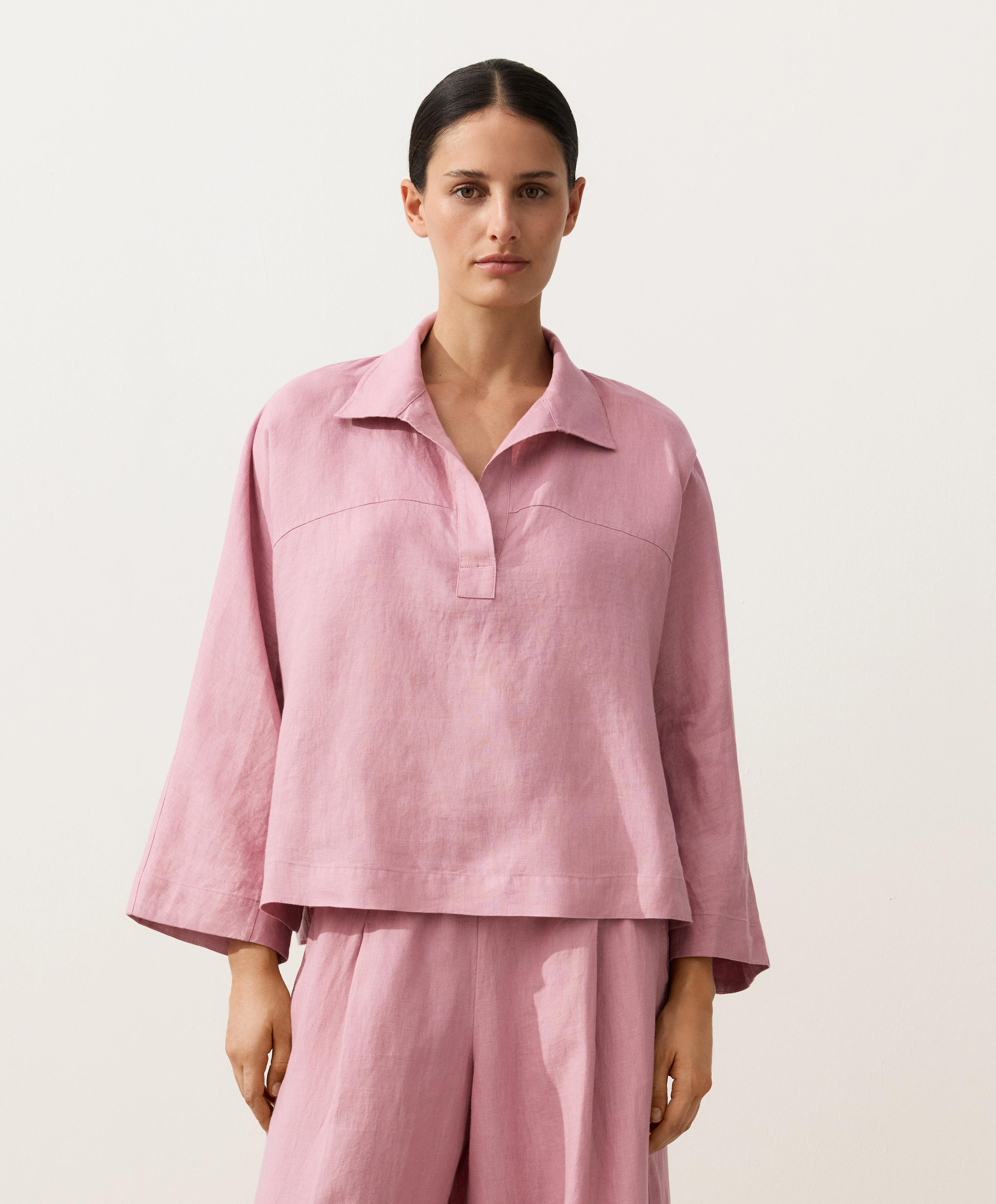 Oversize long-sleeve 100% linen polo shirt — MID-PINK