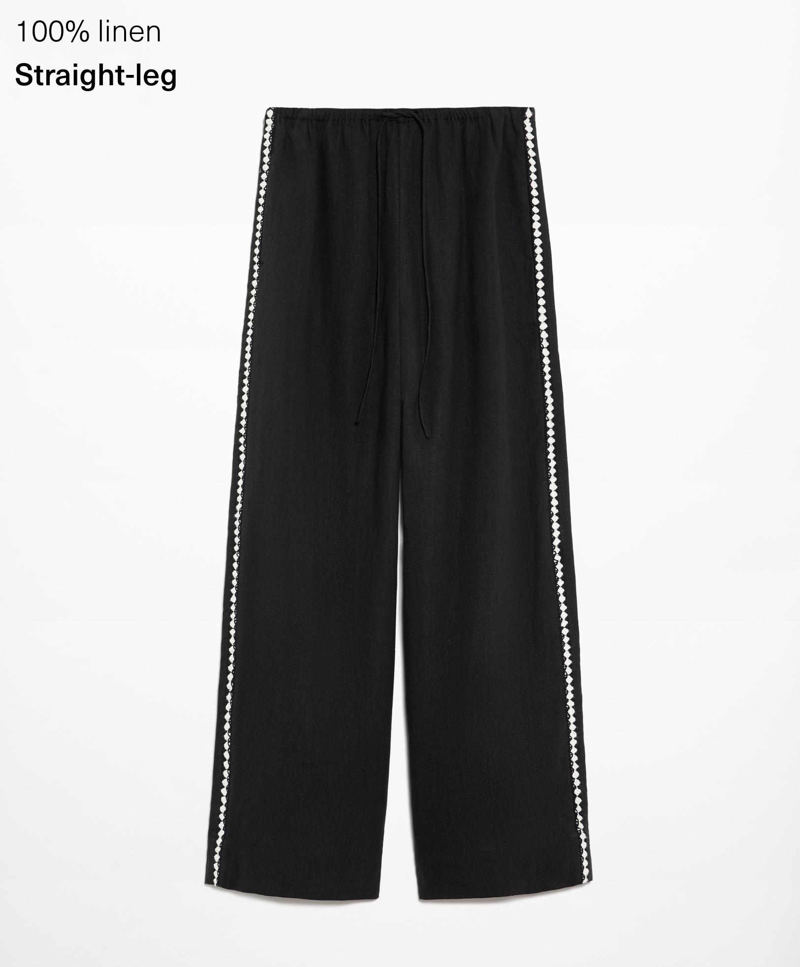 Pantalon long 100 % lin avec broderie sur le côté - Soldes