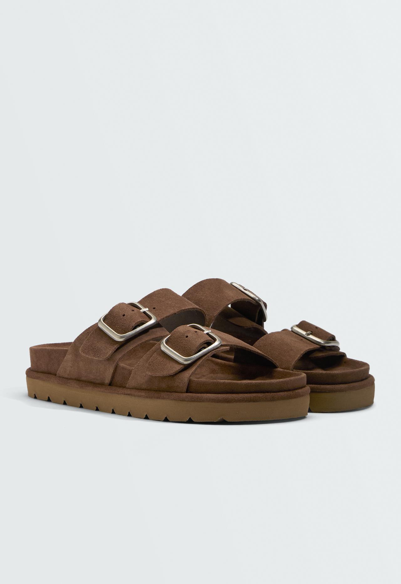 Buckle split-leather platform sandals — BROWN