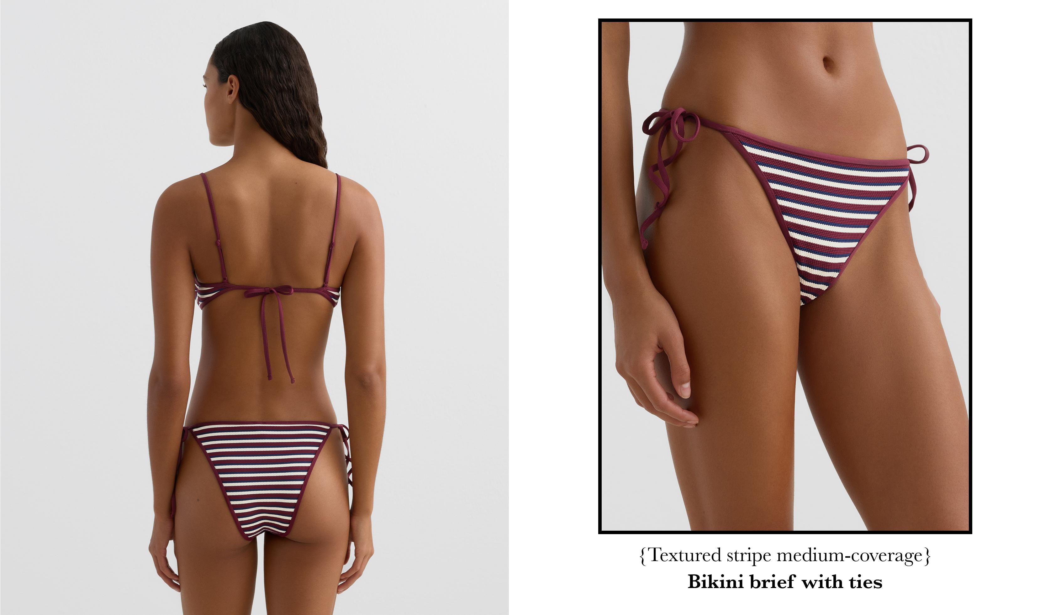 Textured stripe medium-coverage bikini briefs with ties — PALE PLUM