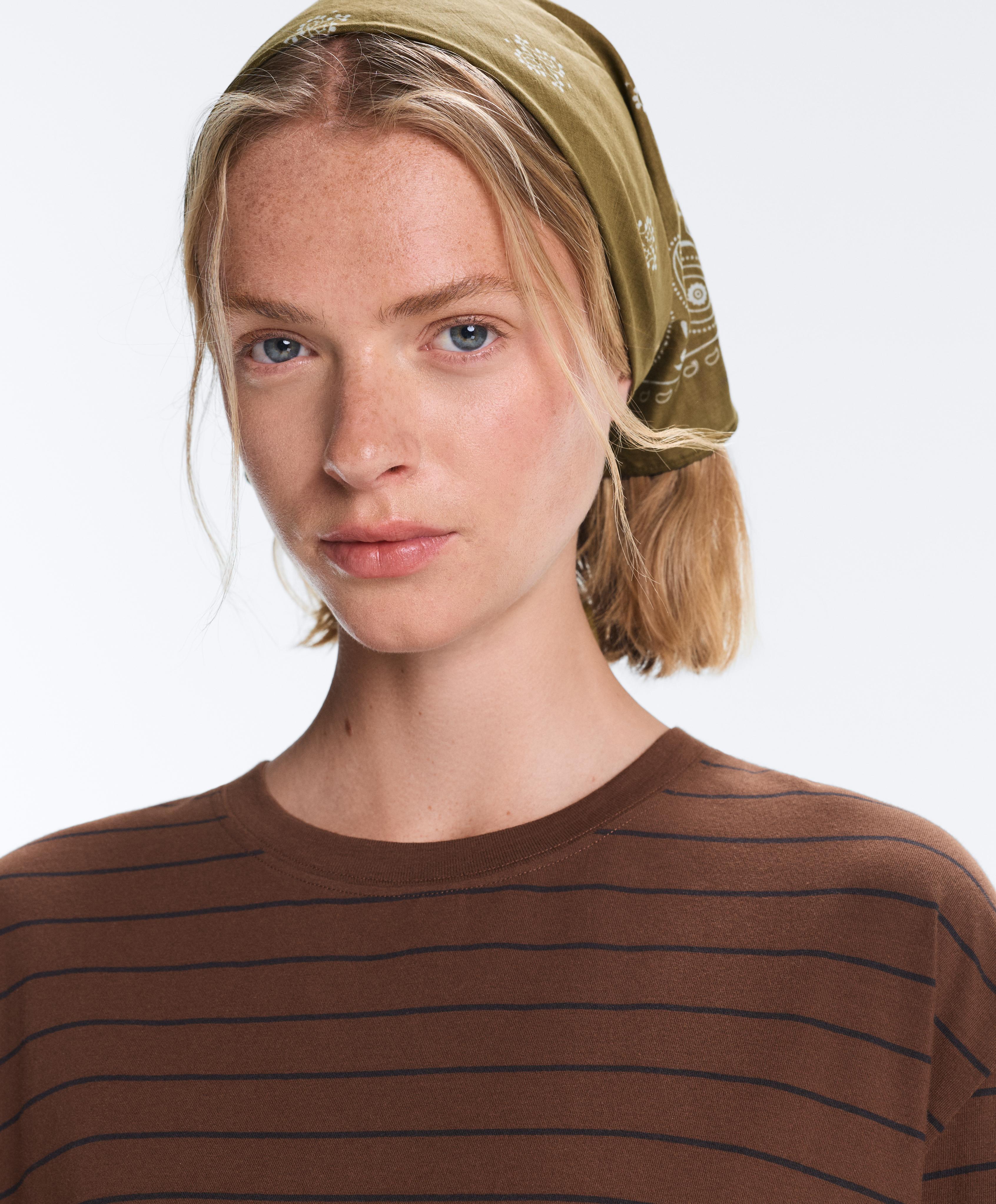 Oversize striped cotton blend short sleeve T-shirt — DARK BROWN