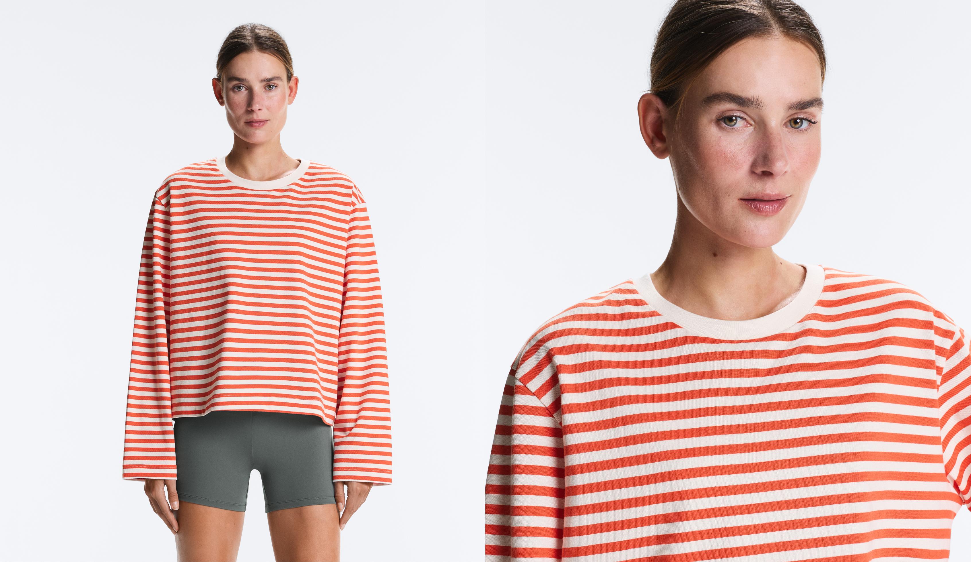 Boxy long-sleeved stripe 100% cotton T-shirt — BRIGHT ORANGE