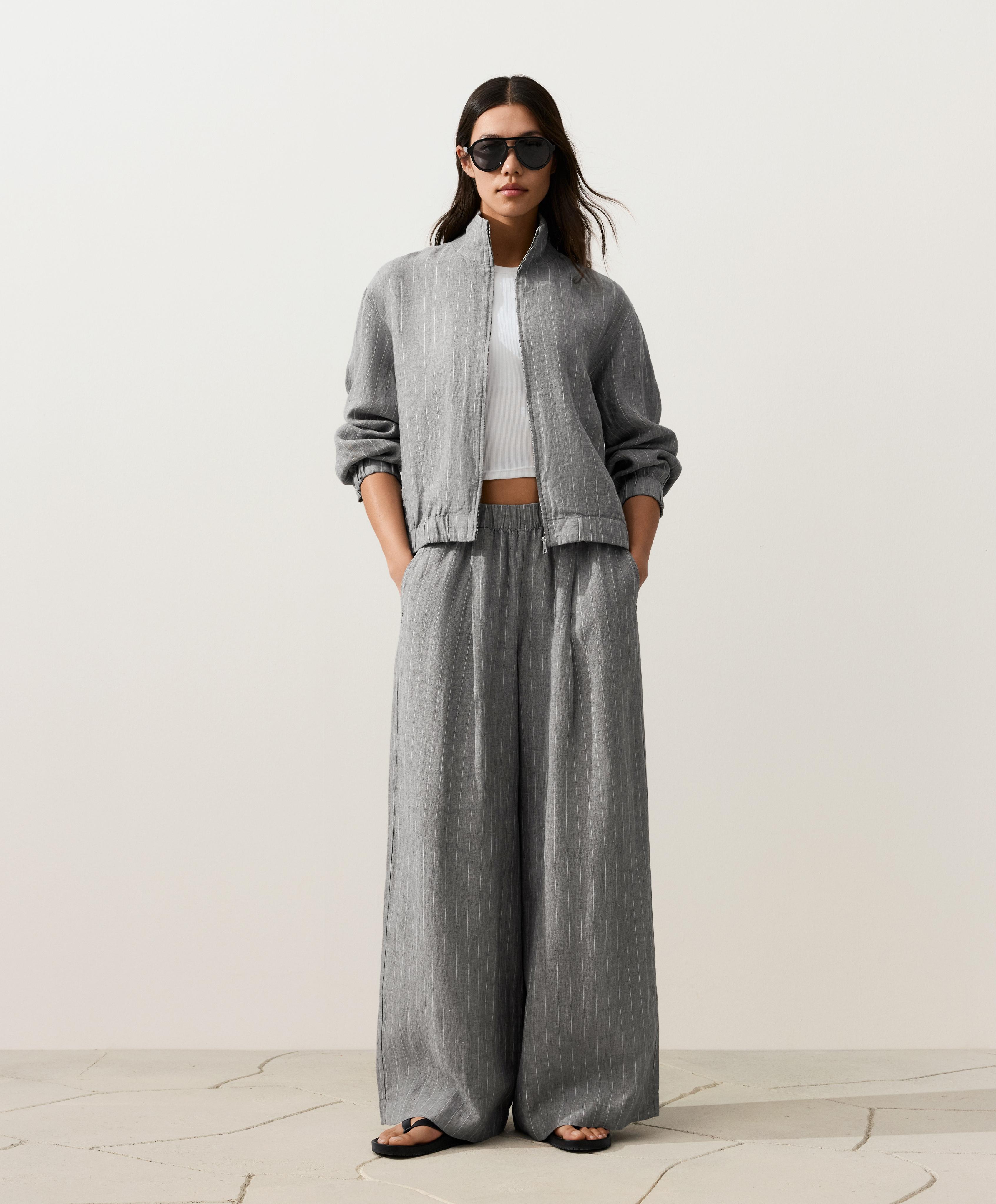 100% linen wide-leg striped trousers — MID GREY