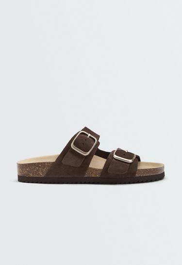 Buckle split-leather slides — BROWN 1