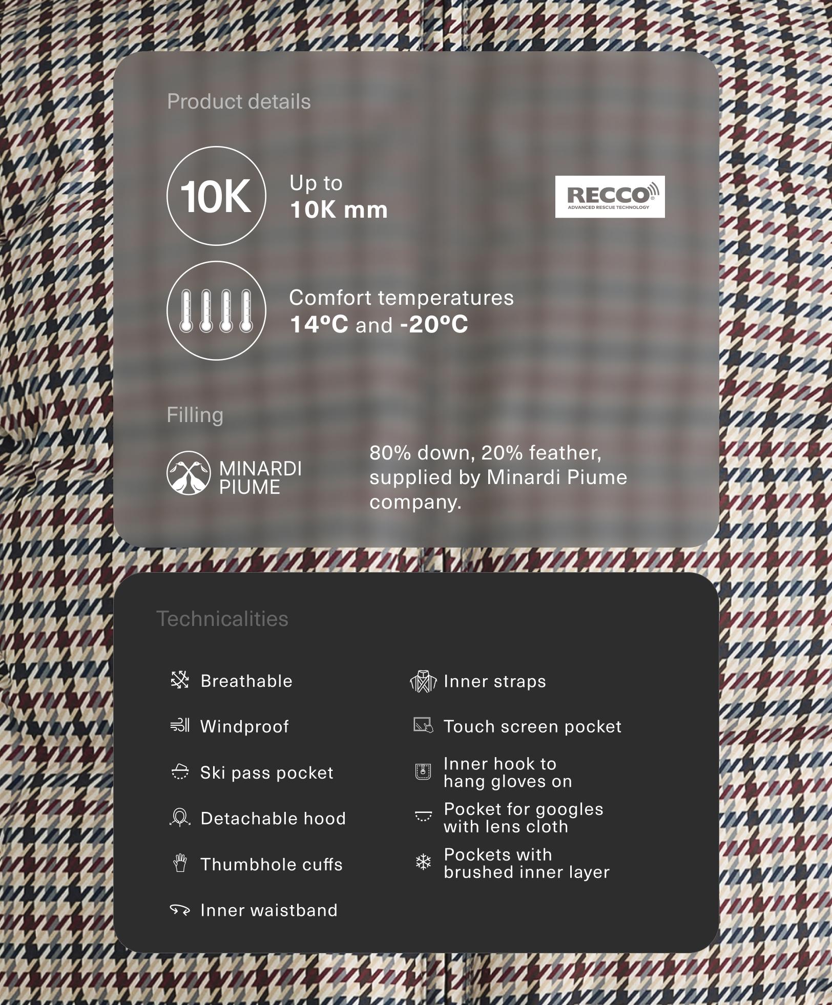 Printed padded jacket 80% down and 20% feather MINARDI PIUME SKI 10k