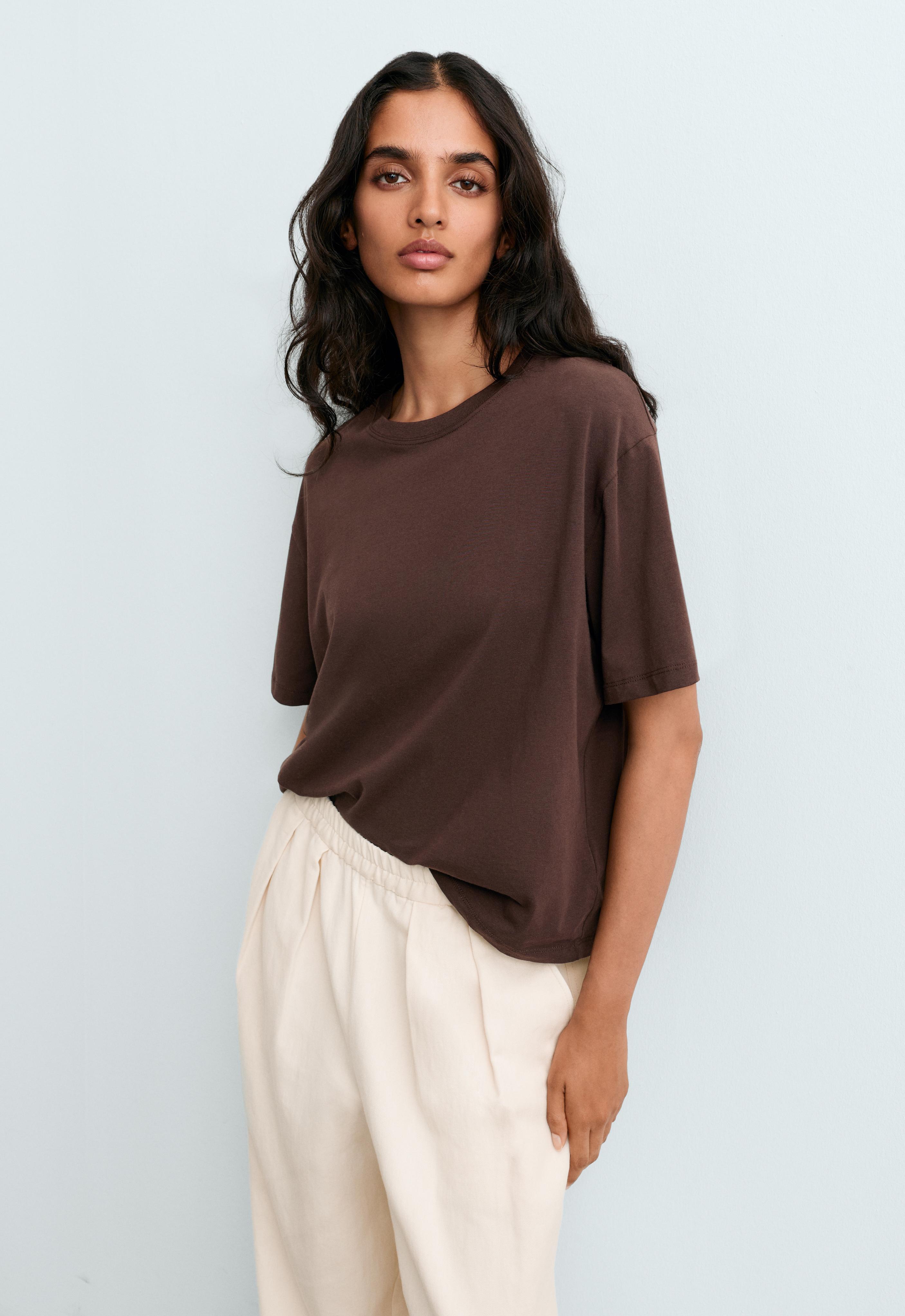 Boxy short-sleeved cotton blend T-shirt — DARK BROWN
