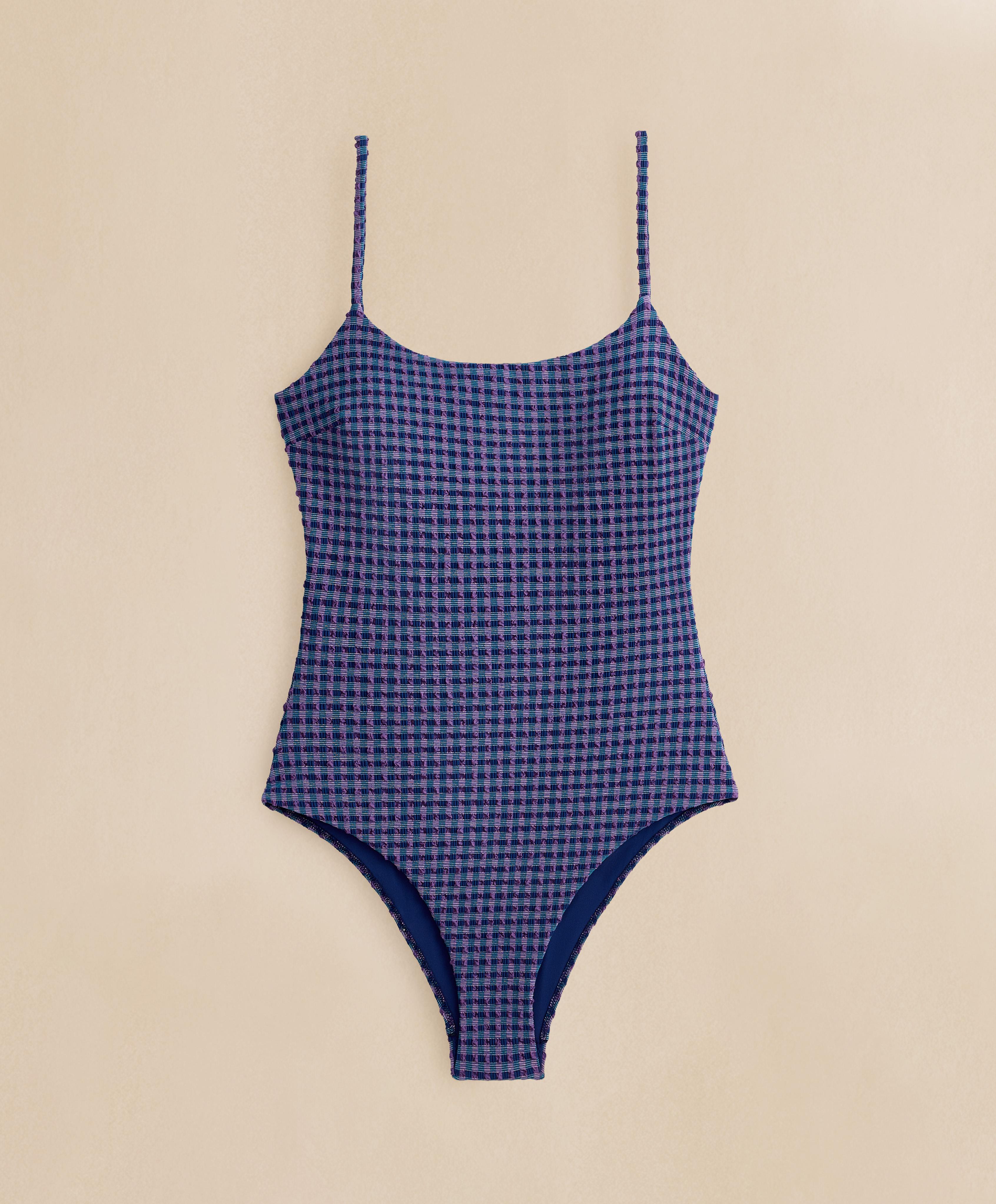 Gingham round-neck swimsuit — NAVY BLUE