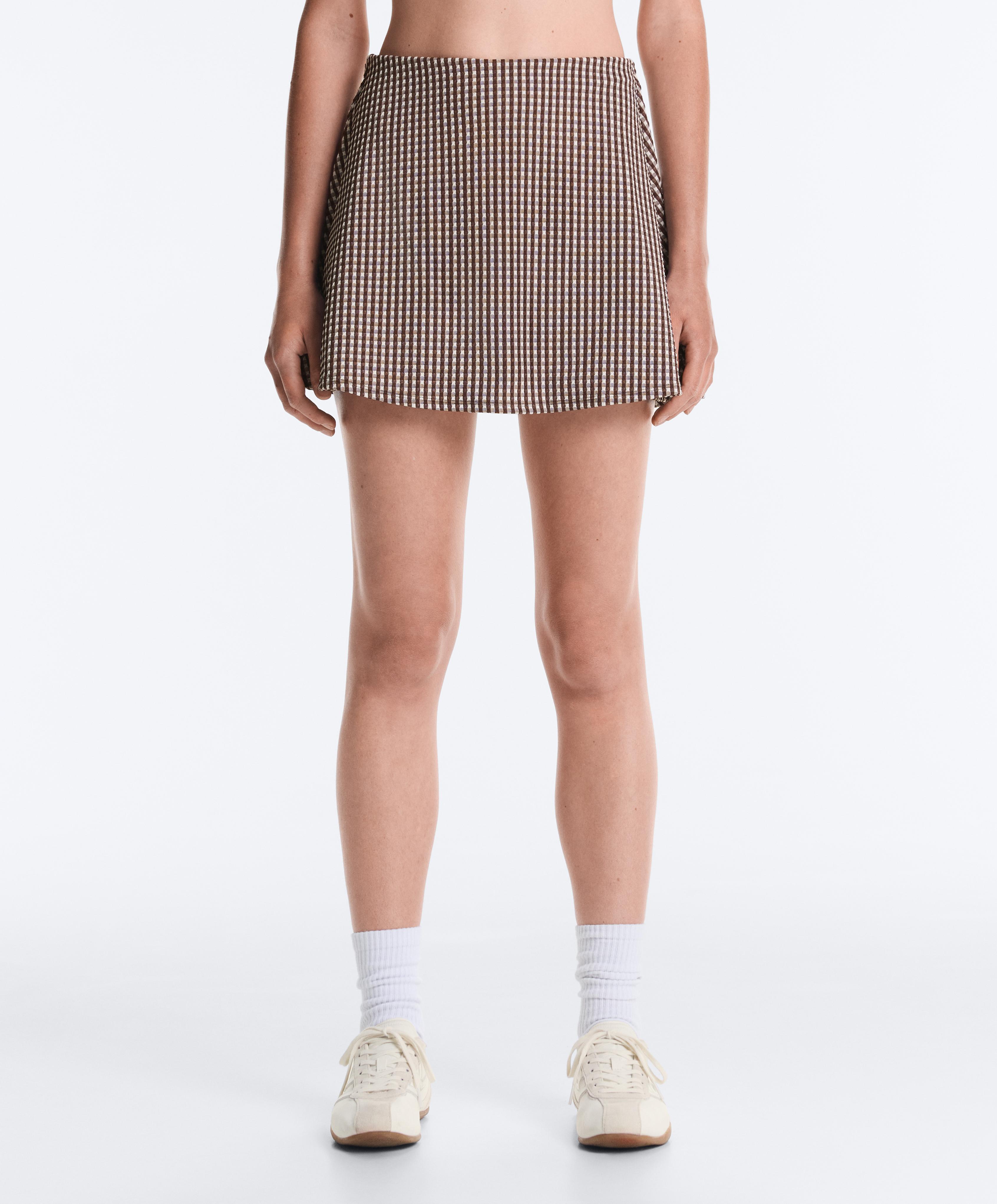 Comfortlux high-rise gingham mini skirt — DARK REDDISH‑BROWN