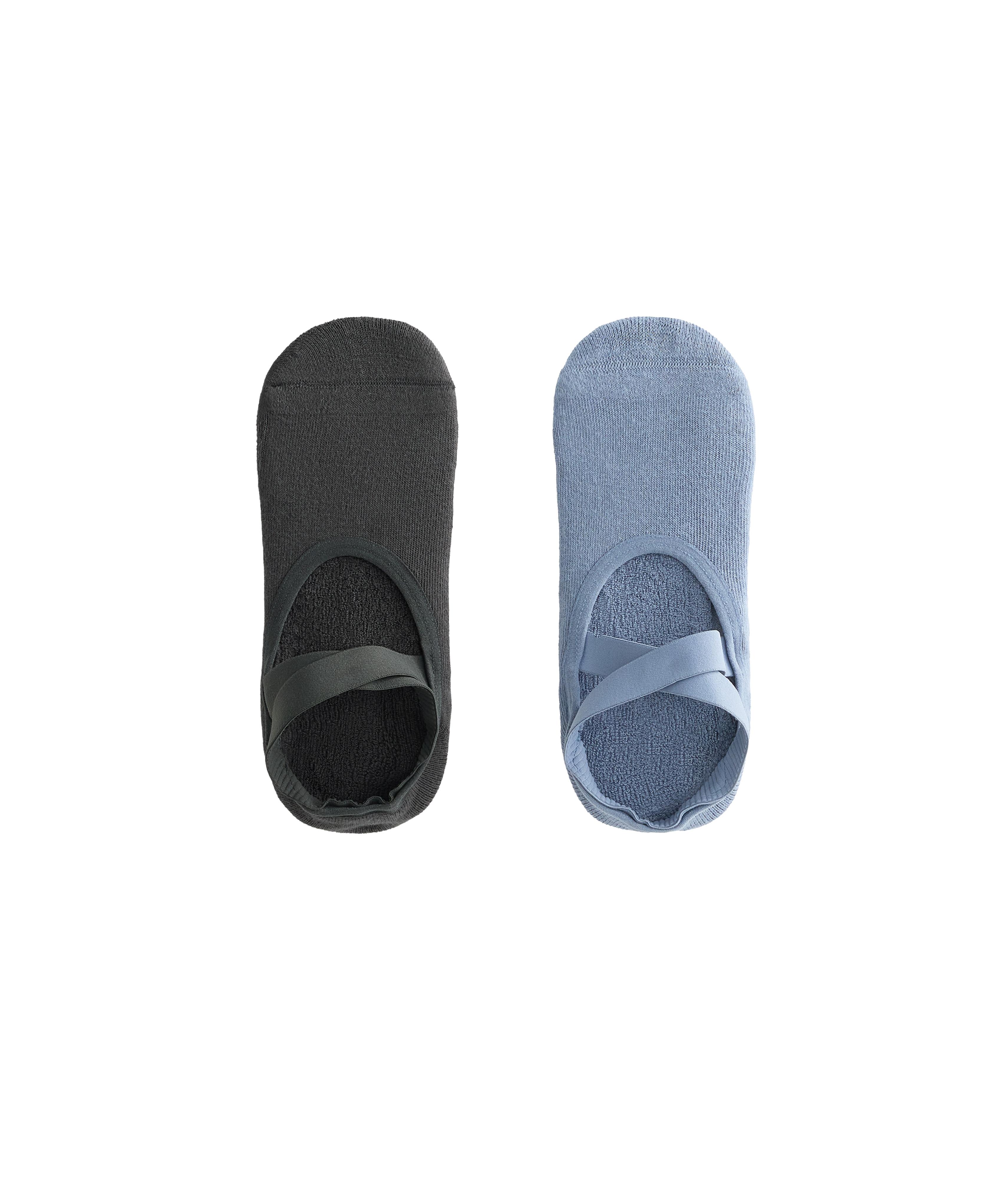 2 pairs of padded cotton blend yoga and Pilates socks with crossover straps — BLUE