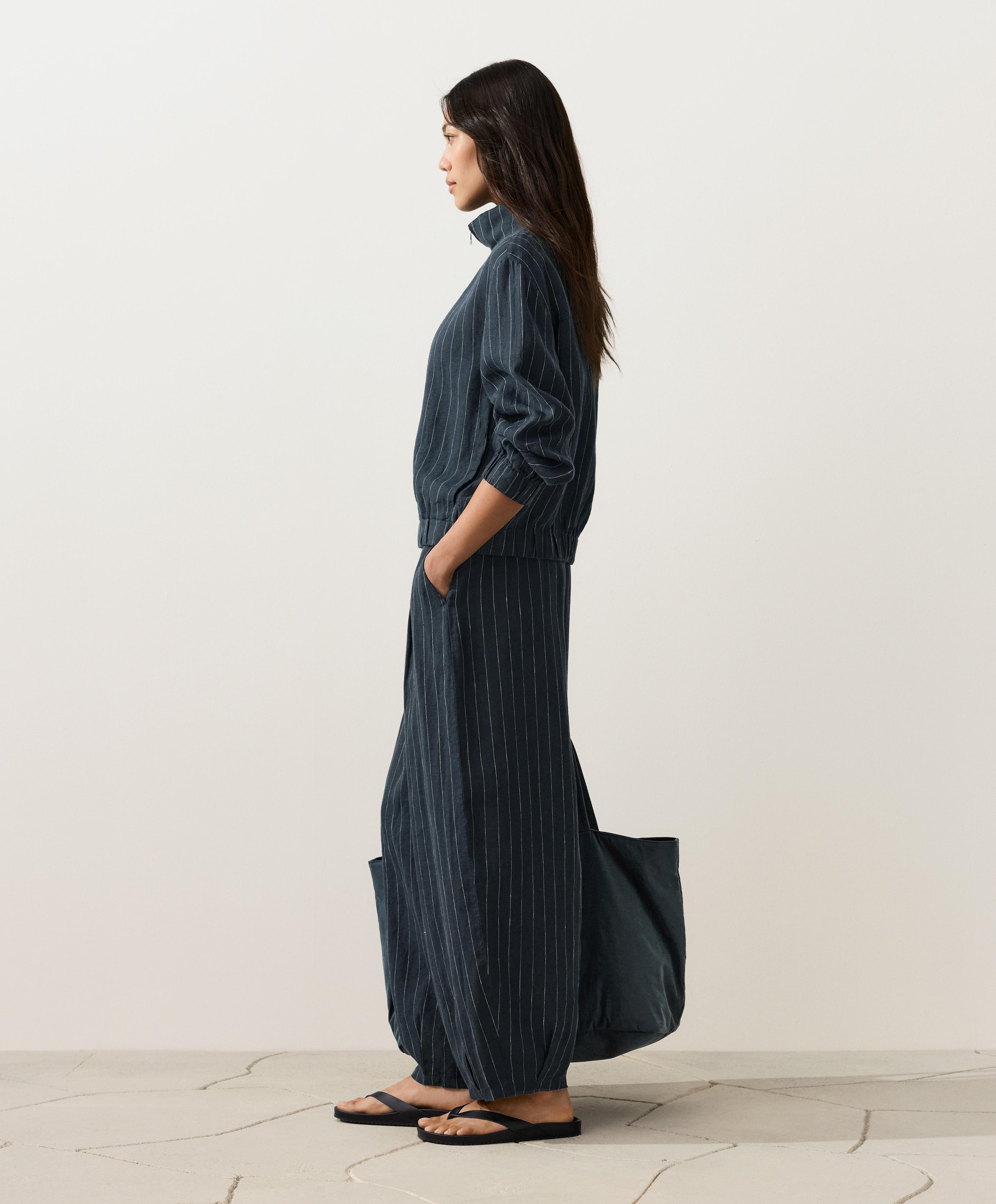 Total look balloon 100&nbsp;% lin rayé bleu - Soldes