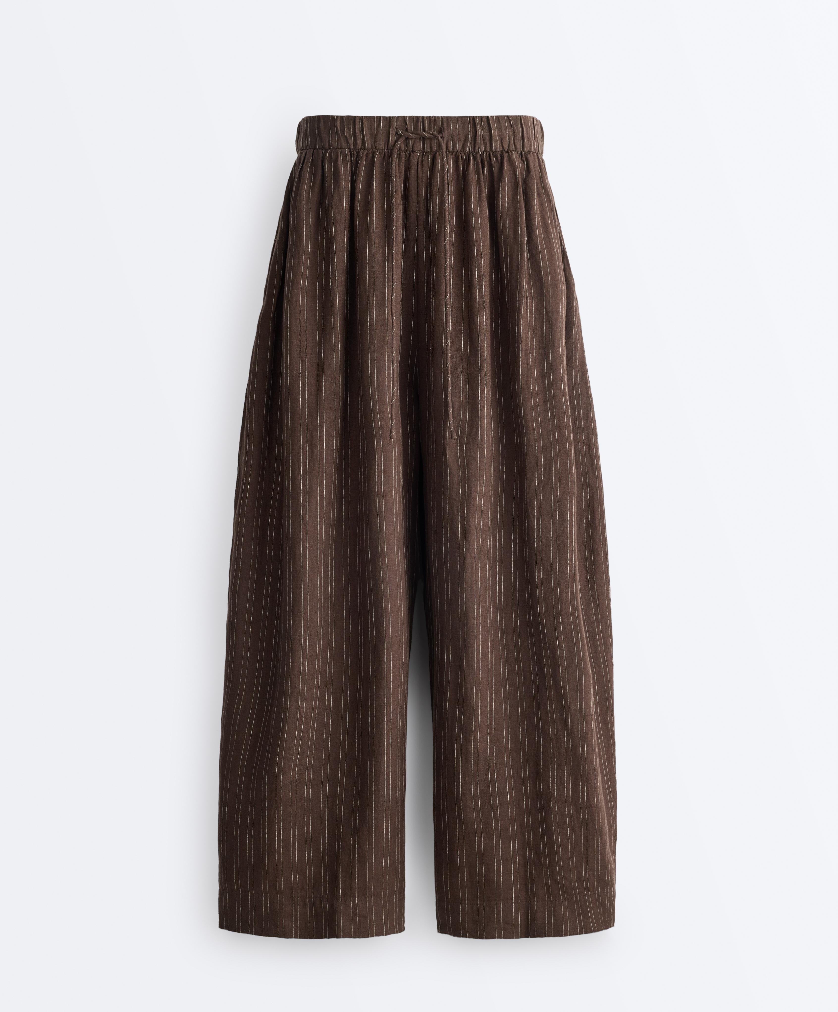 Striped 100% linen balloon crop trousers — EARTH
