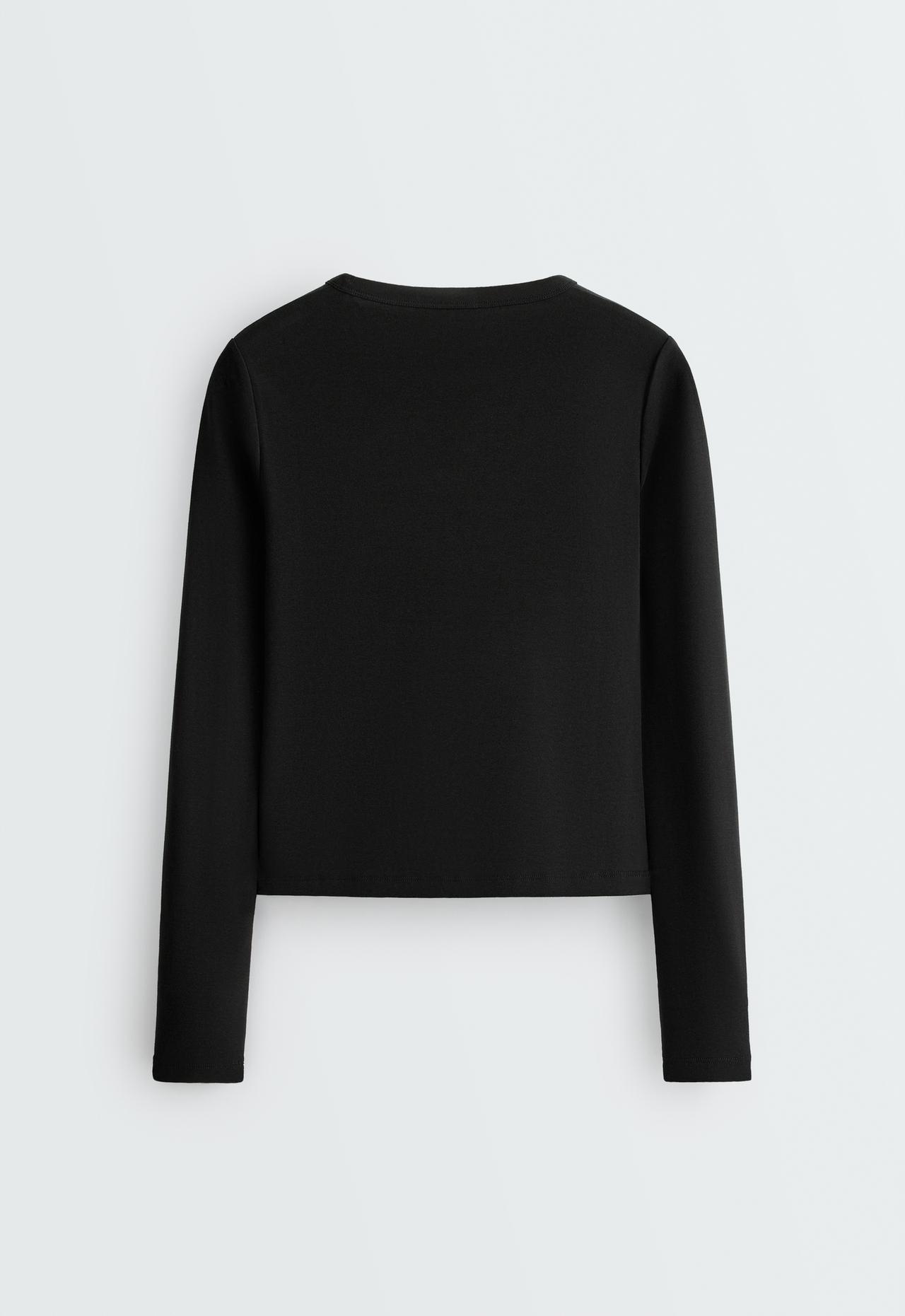 Fitted long-sleeve cotton blend rib t-shirt — BLACK