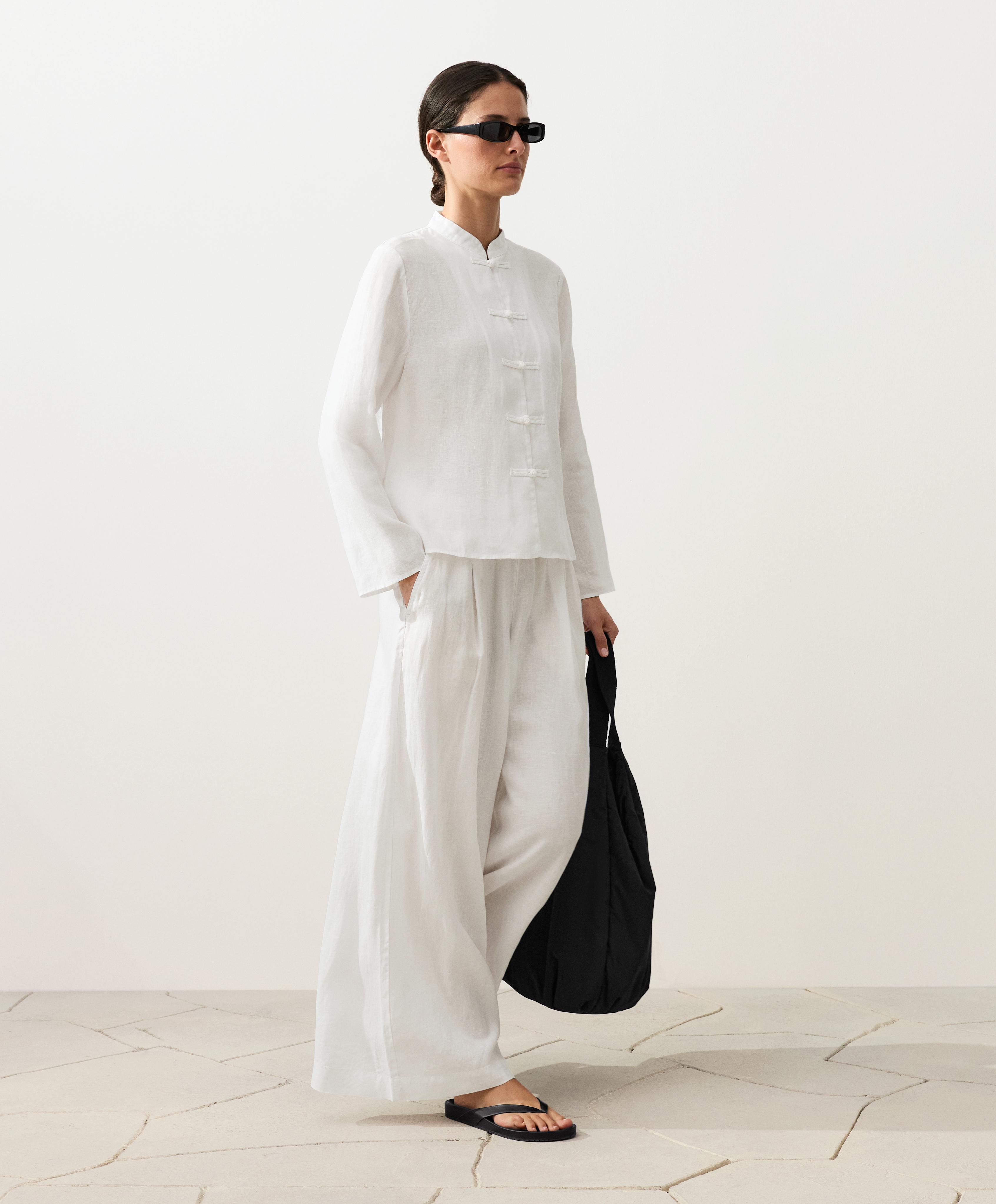 100% linen stand-up collar shirt — WHITE
