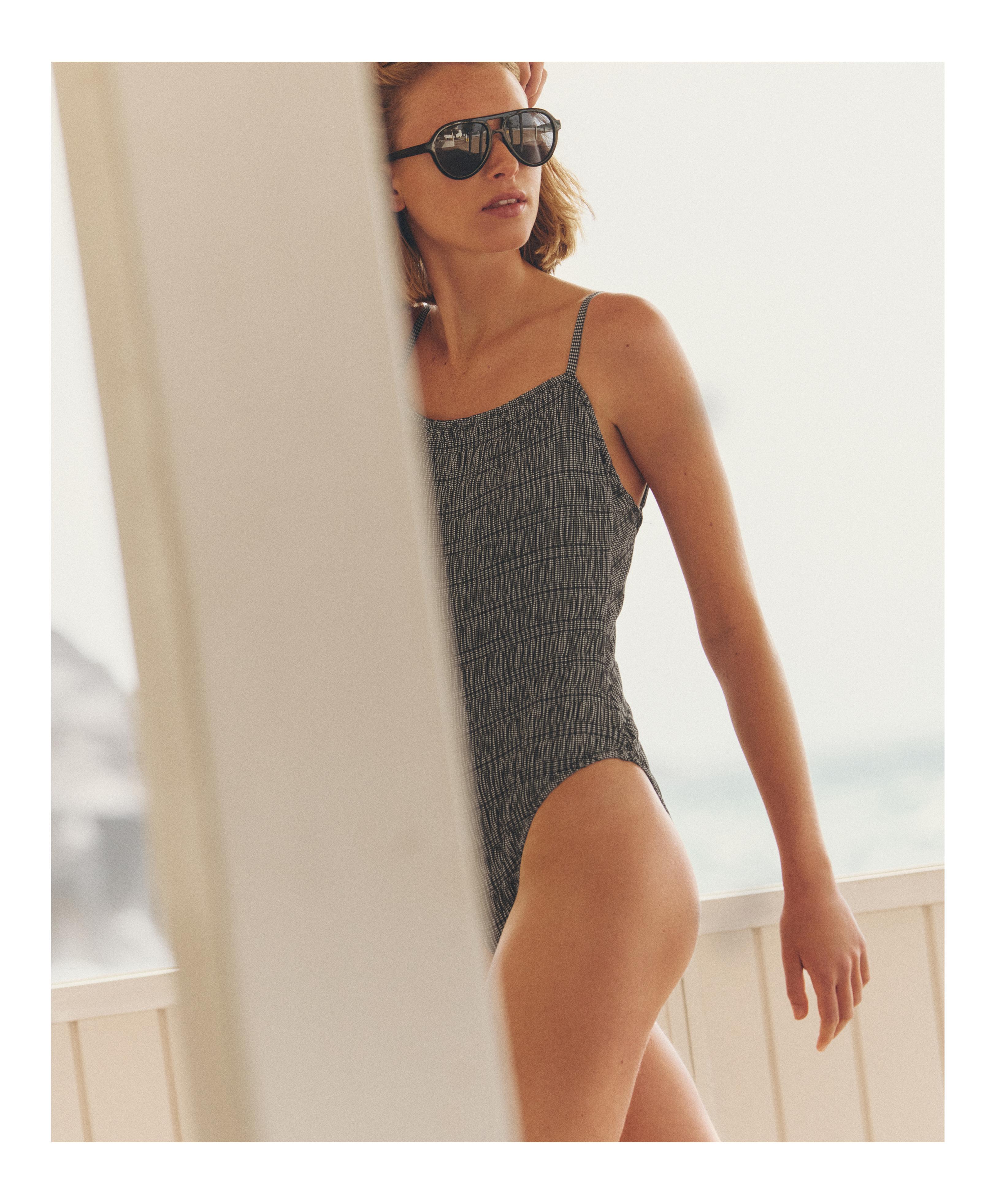 Gingham smock bandeau swimsuit — BLACK