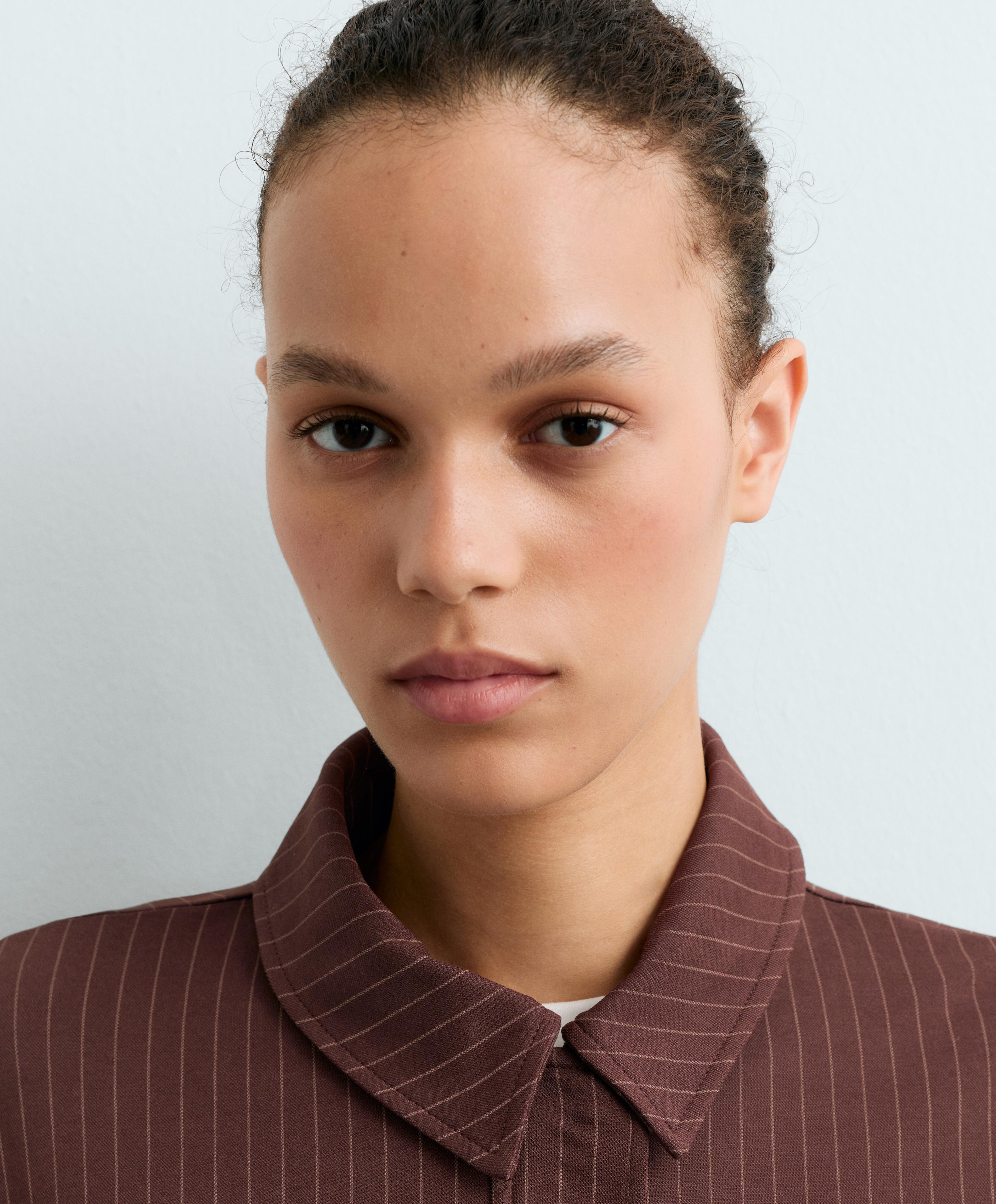 Pinstripe piqué polo neck jacket with cotton — CHOCOLATE