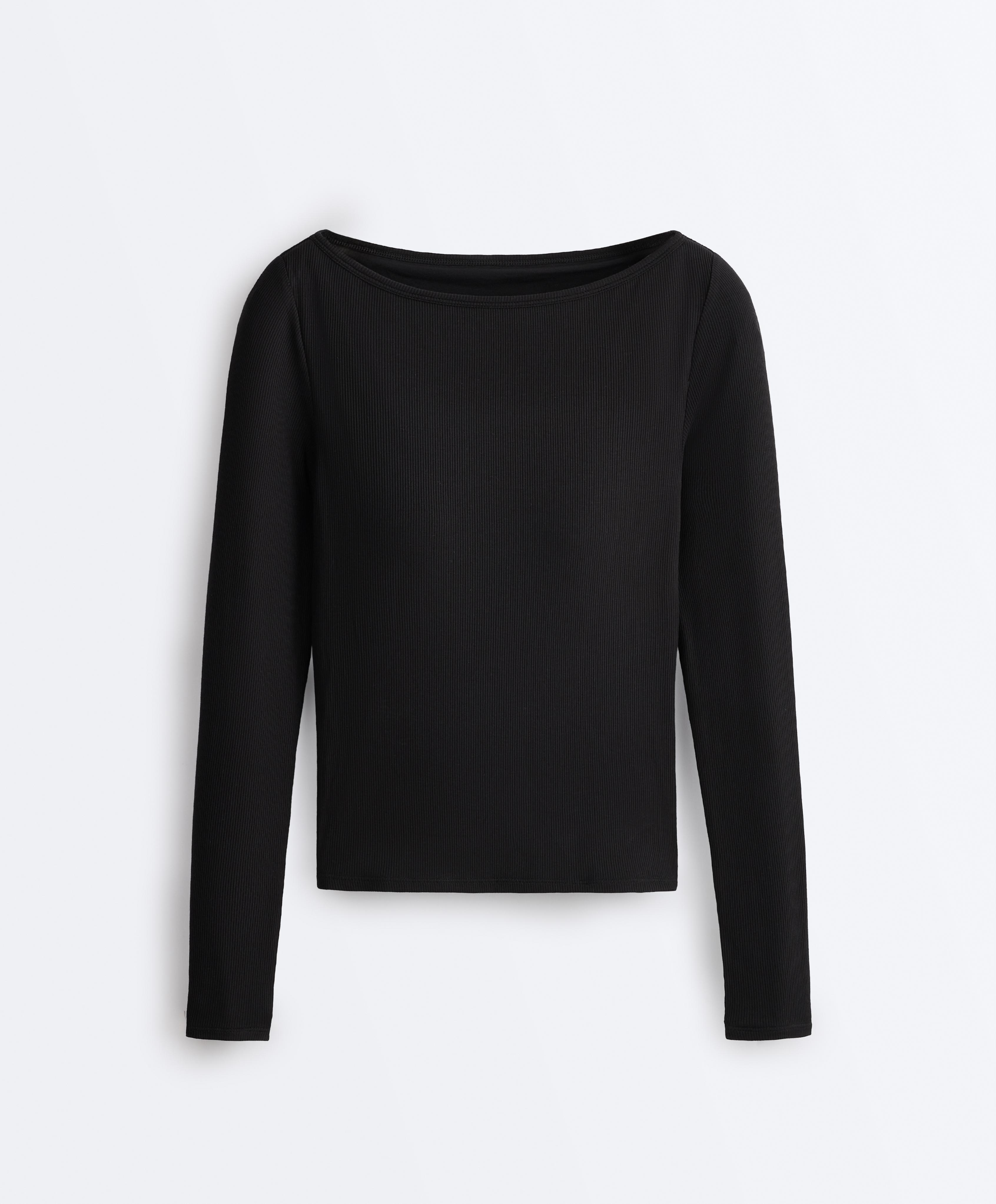Rib modal blend boat neck T-shirt — BLACK