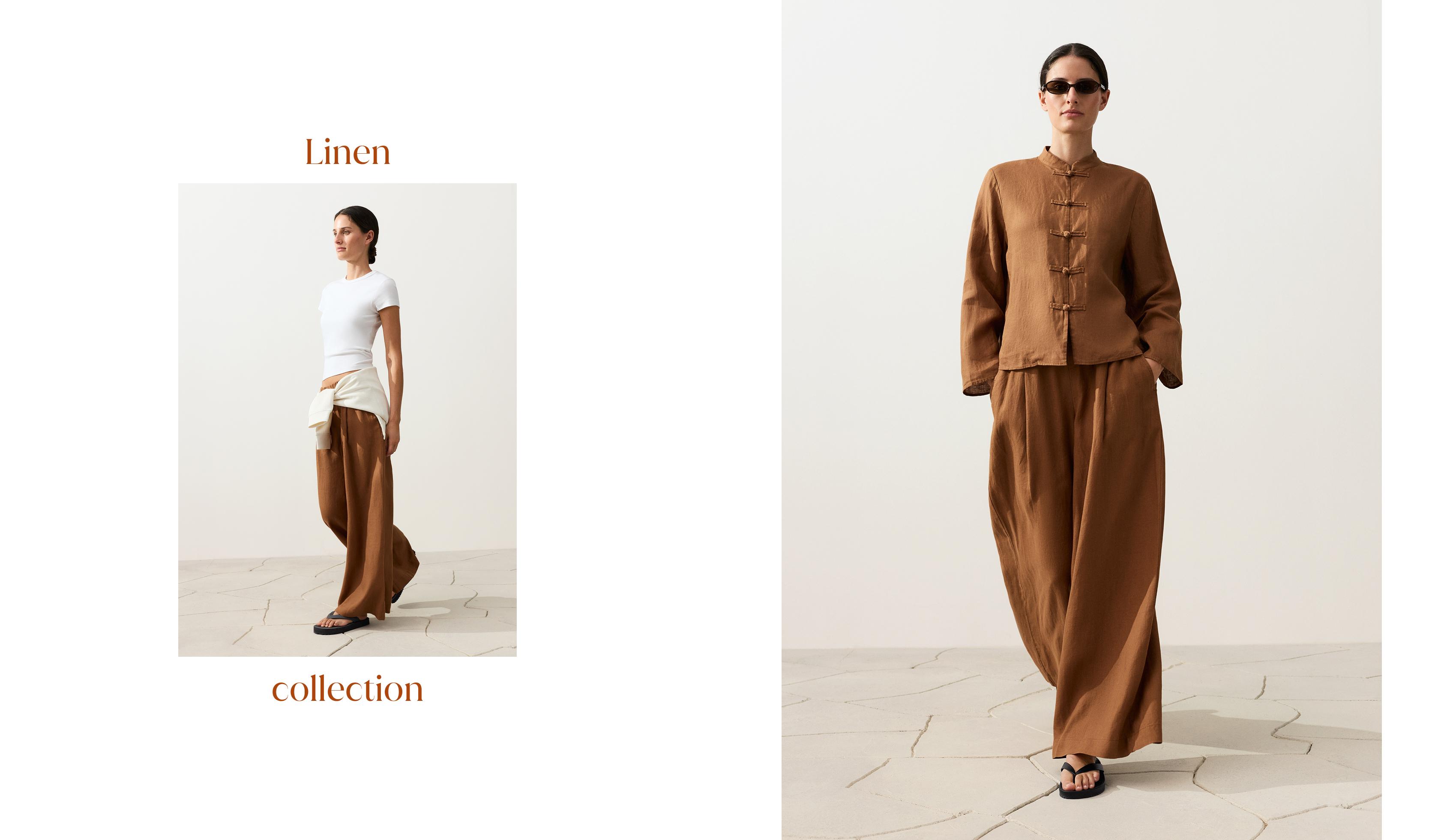 100% linen wide-leg trousers — TOFFEE