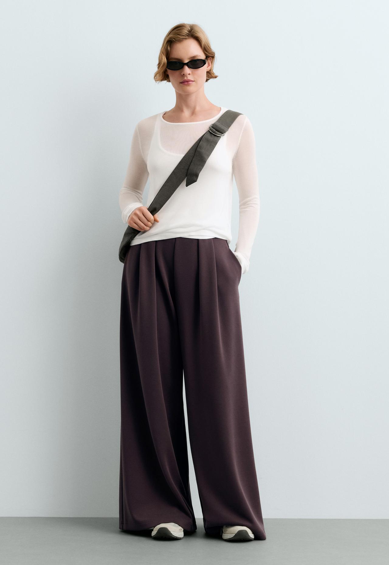 Wide-leg piqué trousers with modal — Purplish brown