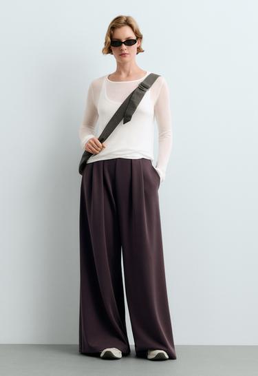 Wide-leg piqué trousers with modal — Purplish brown 1