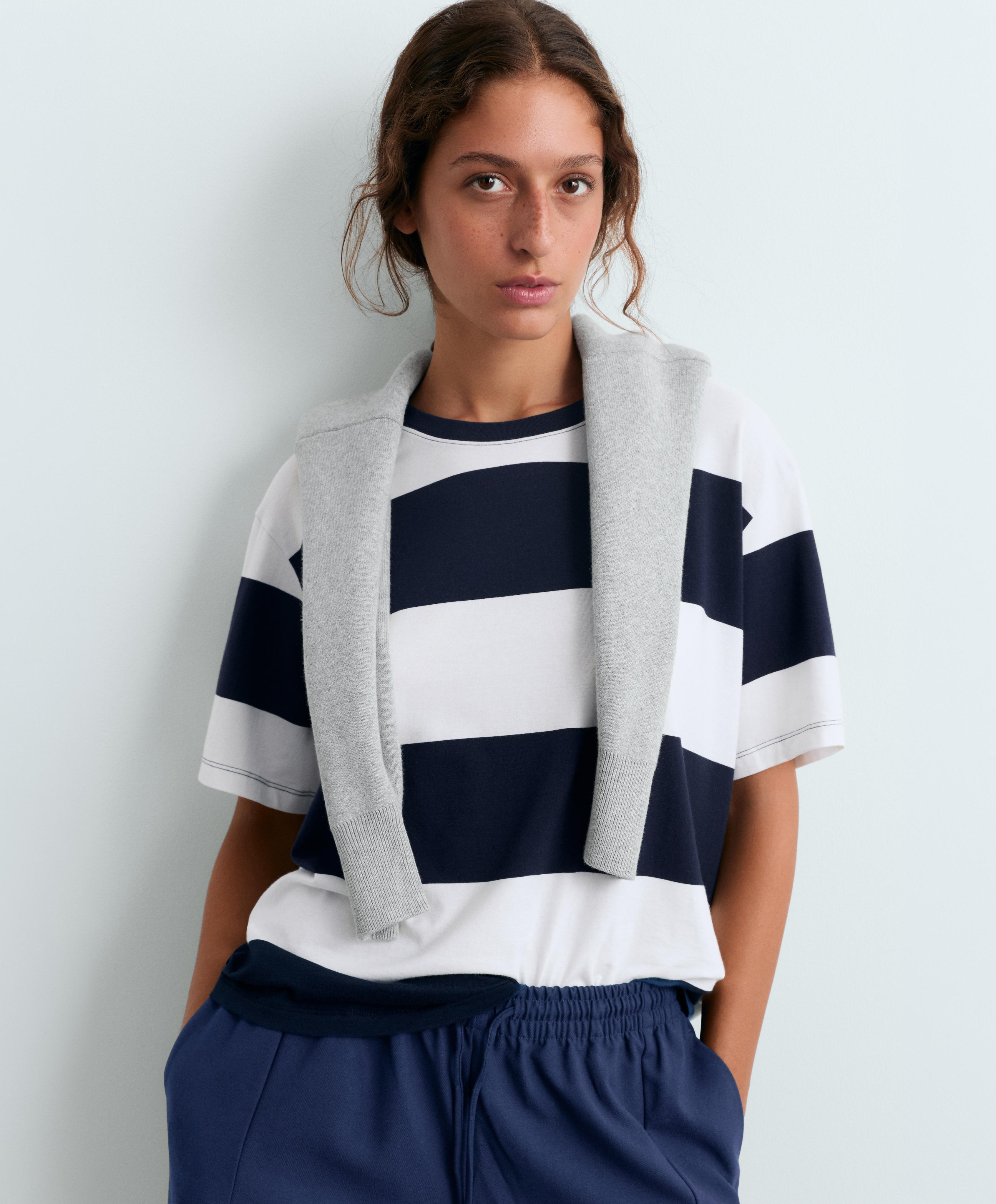 Boxy cotton-blend T-shirt with wide stripes — NAVY BLUE