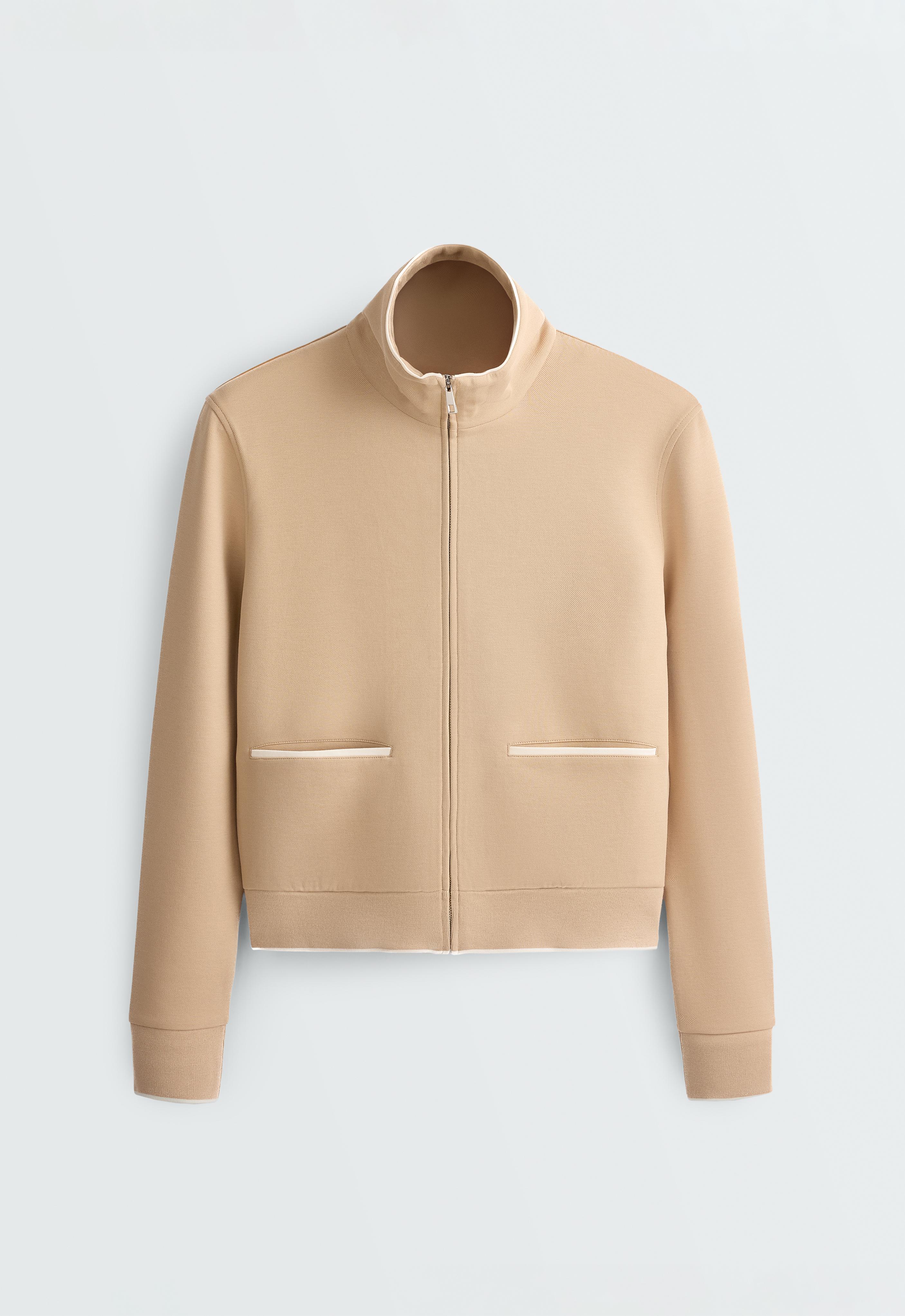 Cotton piqué jacket with piping — BEIGE