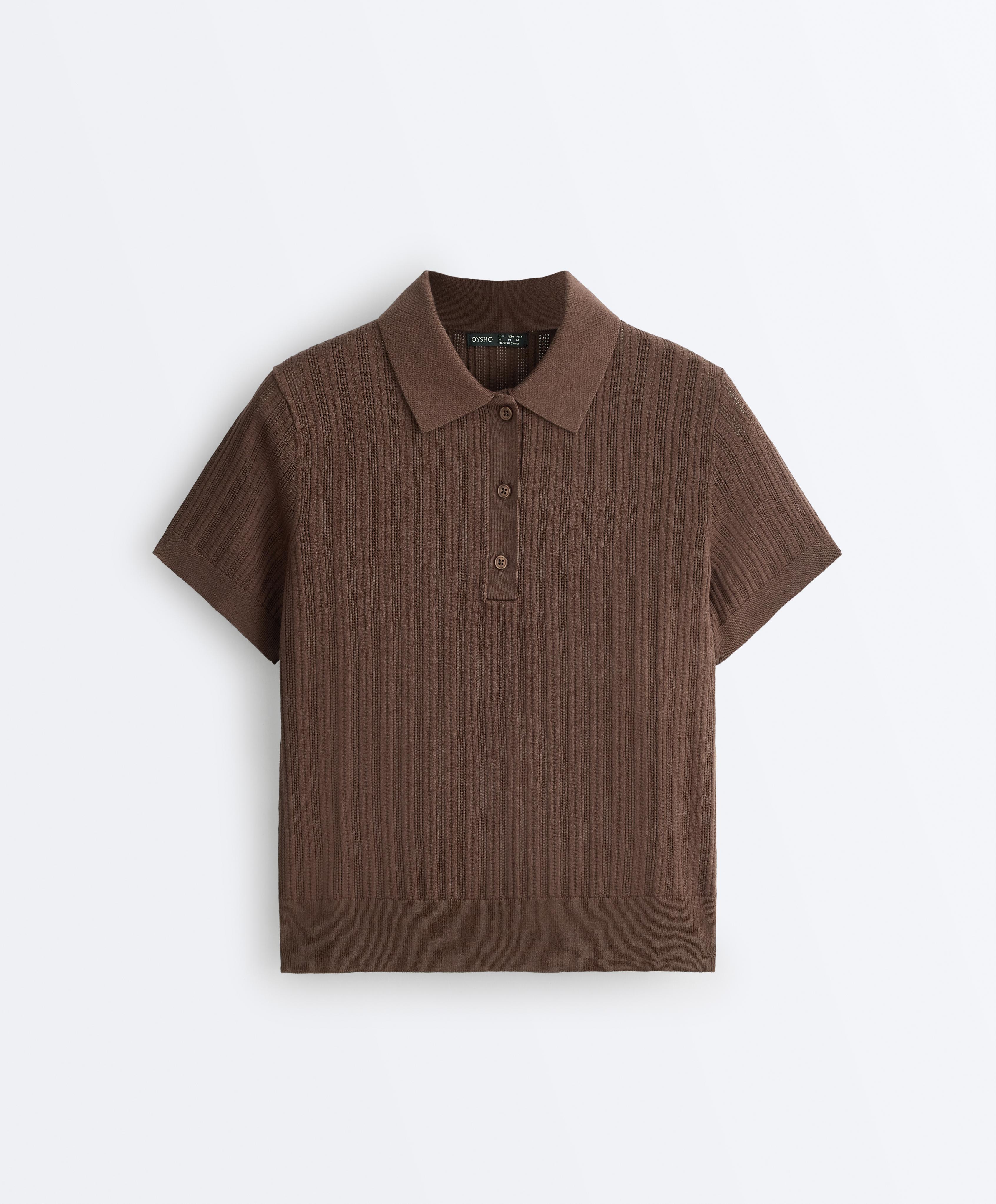 Short sleeve open knit polo shirt — MID-BROWN