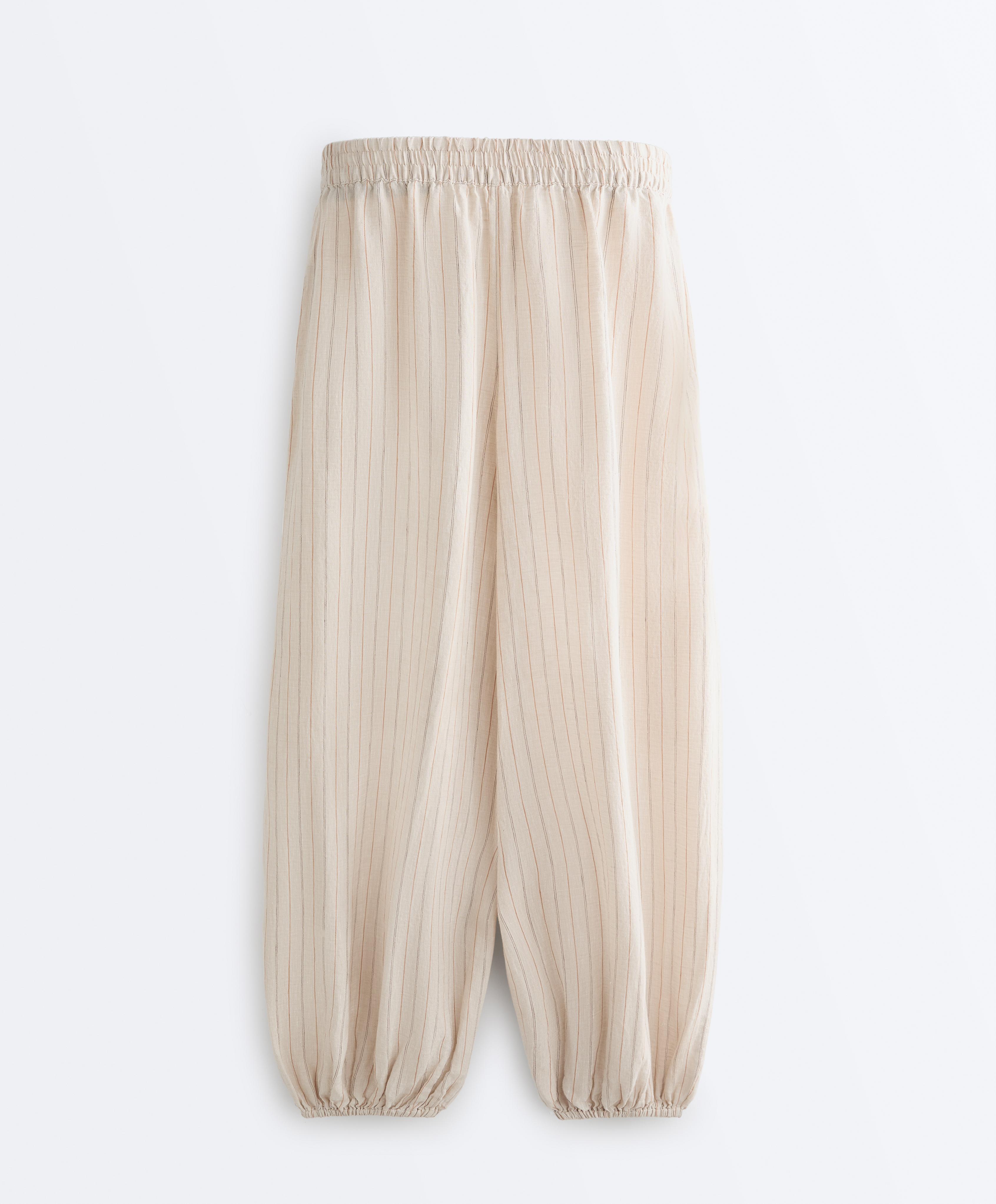 100% linen striped bloomer trousers — SAND MELANGE
