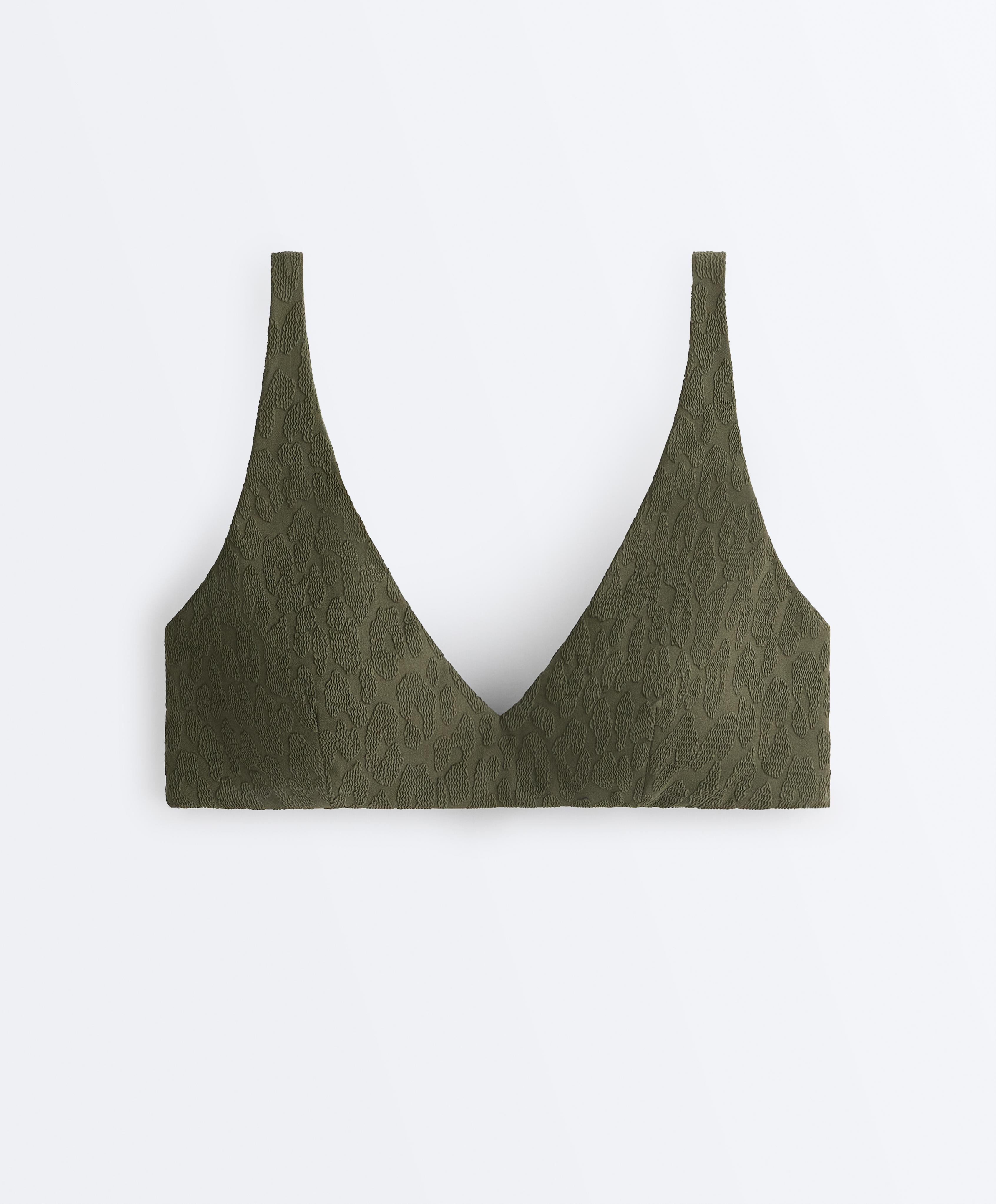 Leopard print textured halter bikini top — DARK KHAKI