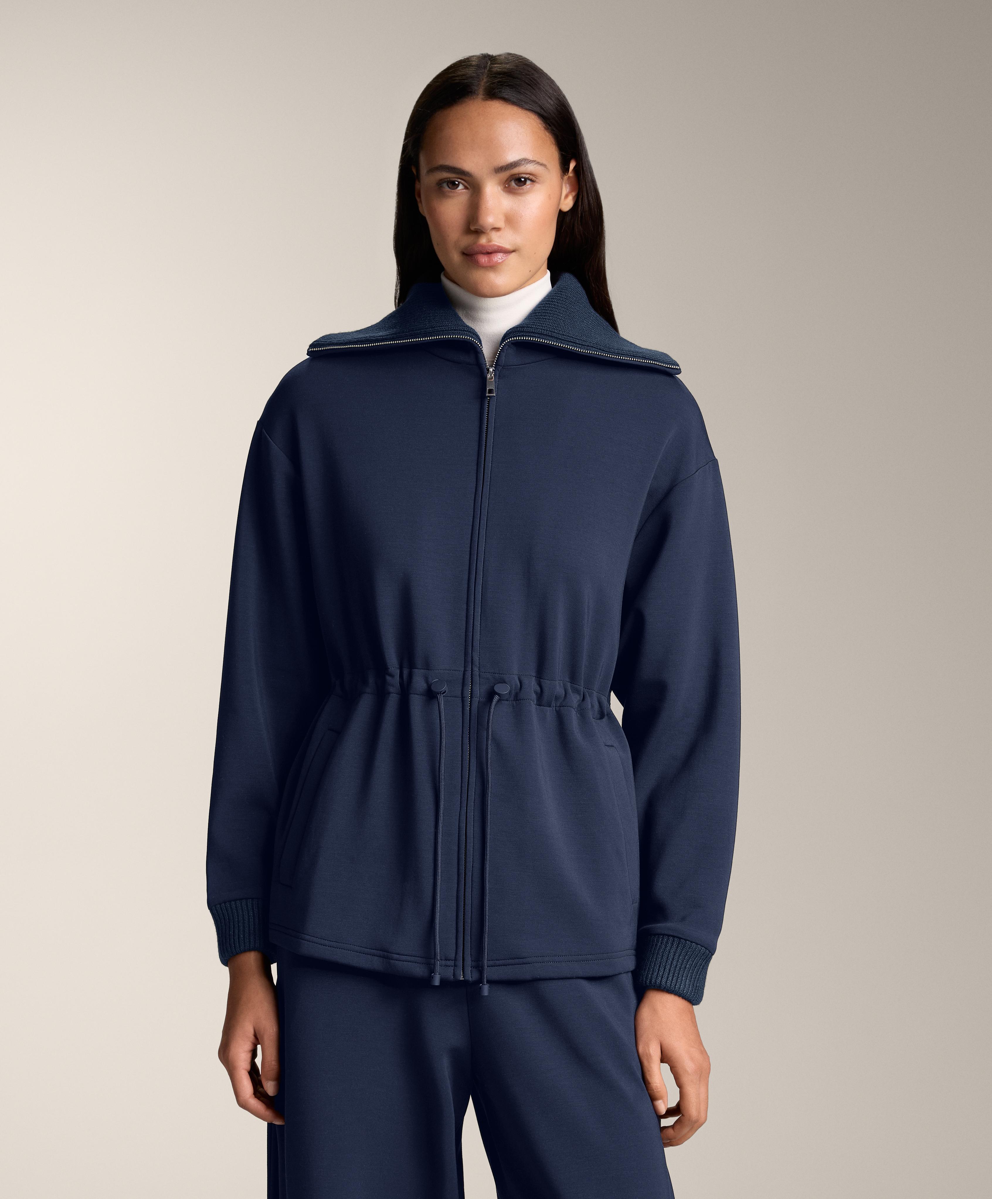 Adjustable waist knit collar jacket with brushed modal — NAVY BLUE