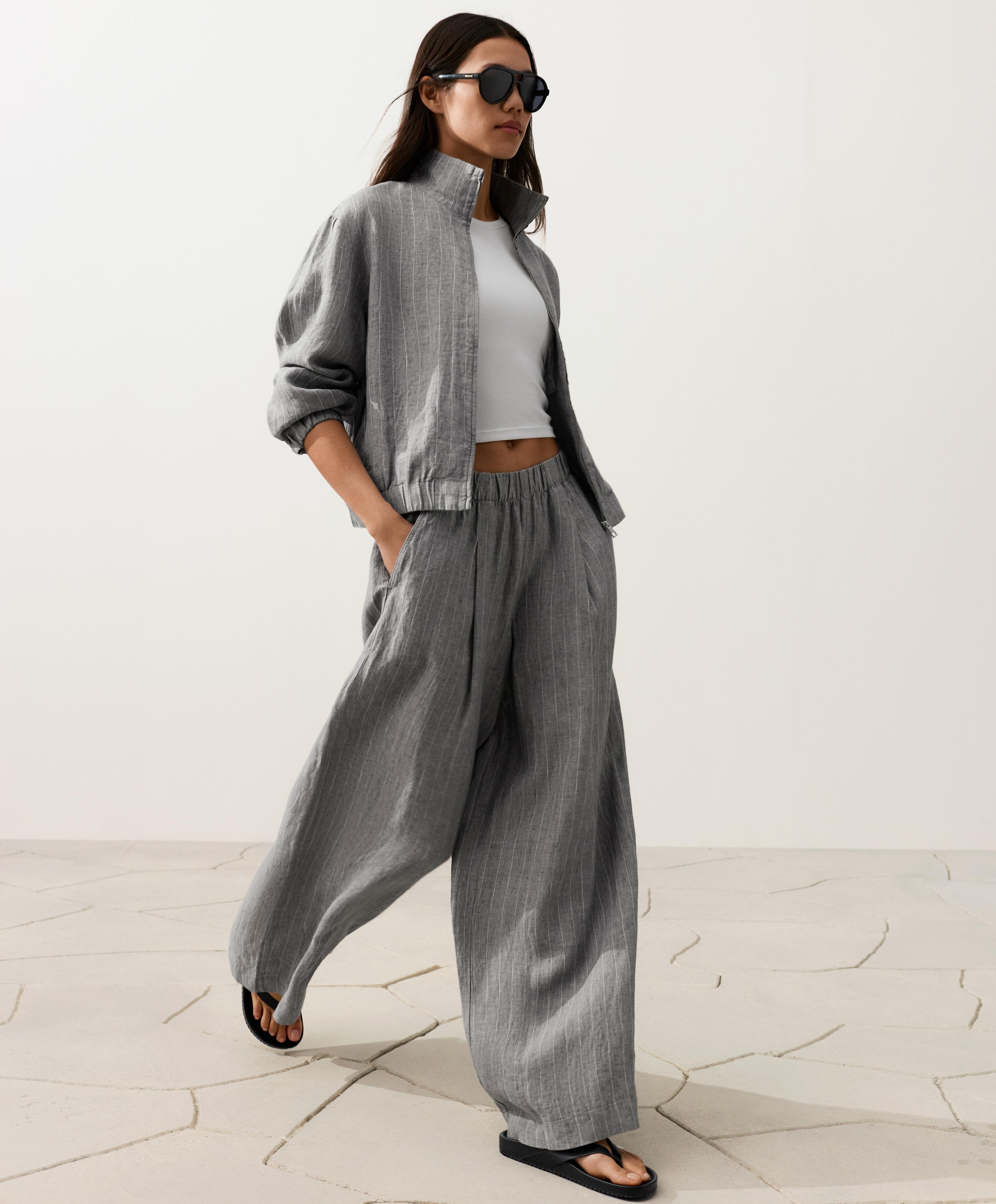 Pinstriped 100% linen high-neck jacket — MID GREY