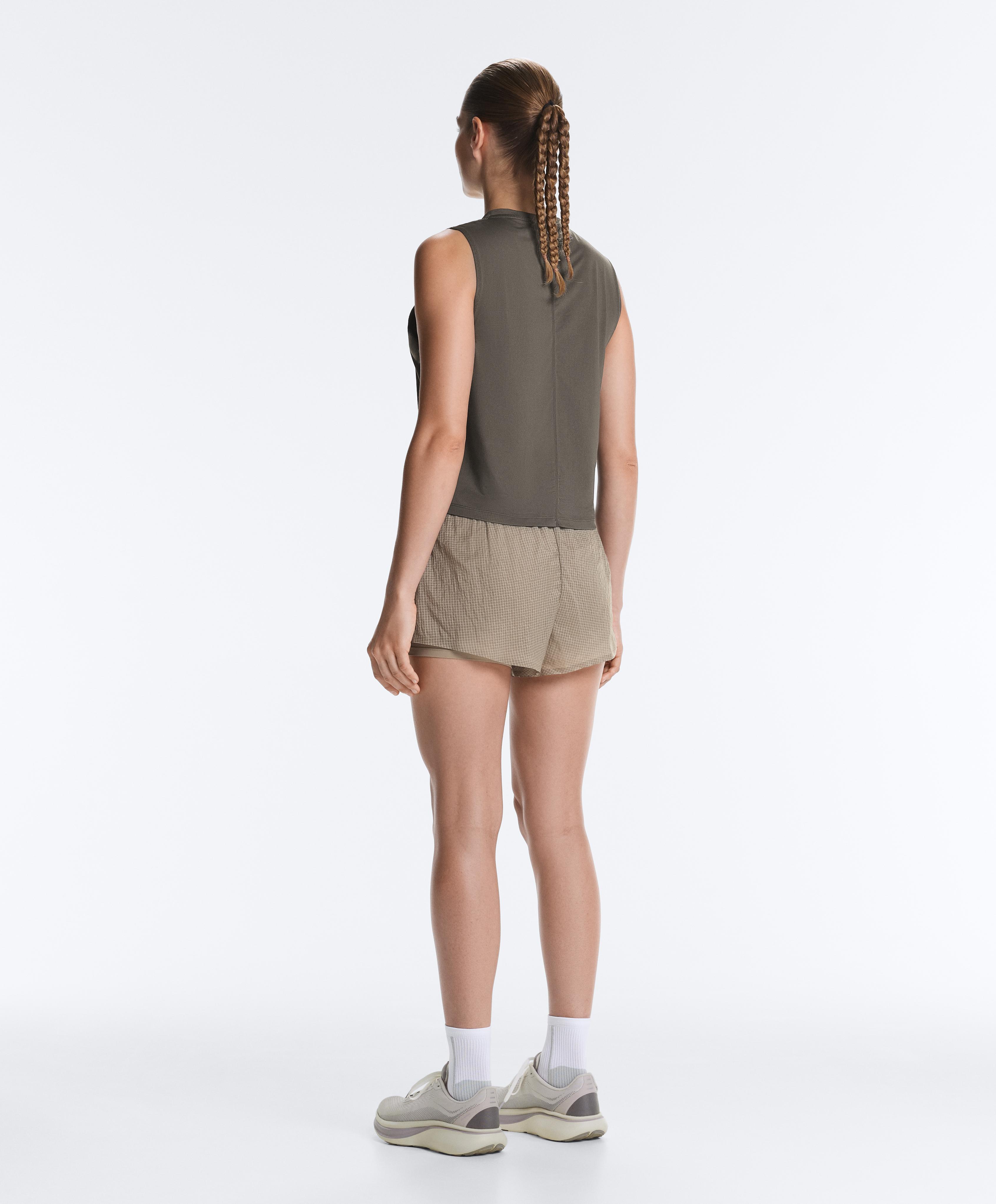 Technical 2-in-1 checked mid-rise shorts — MINK GREY