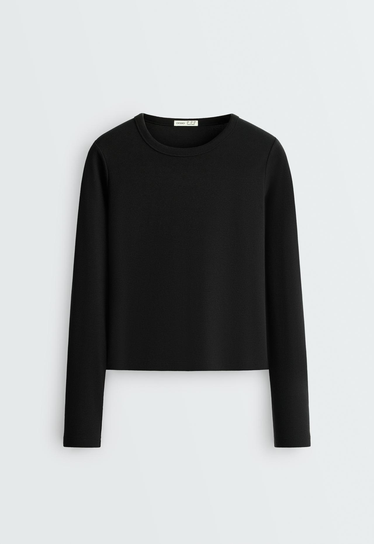Fitted long-sleeve cotton blend rib t-shirt — BLACK