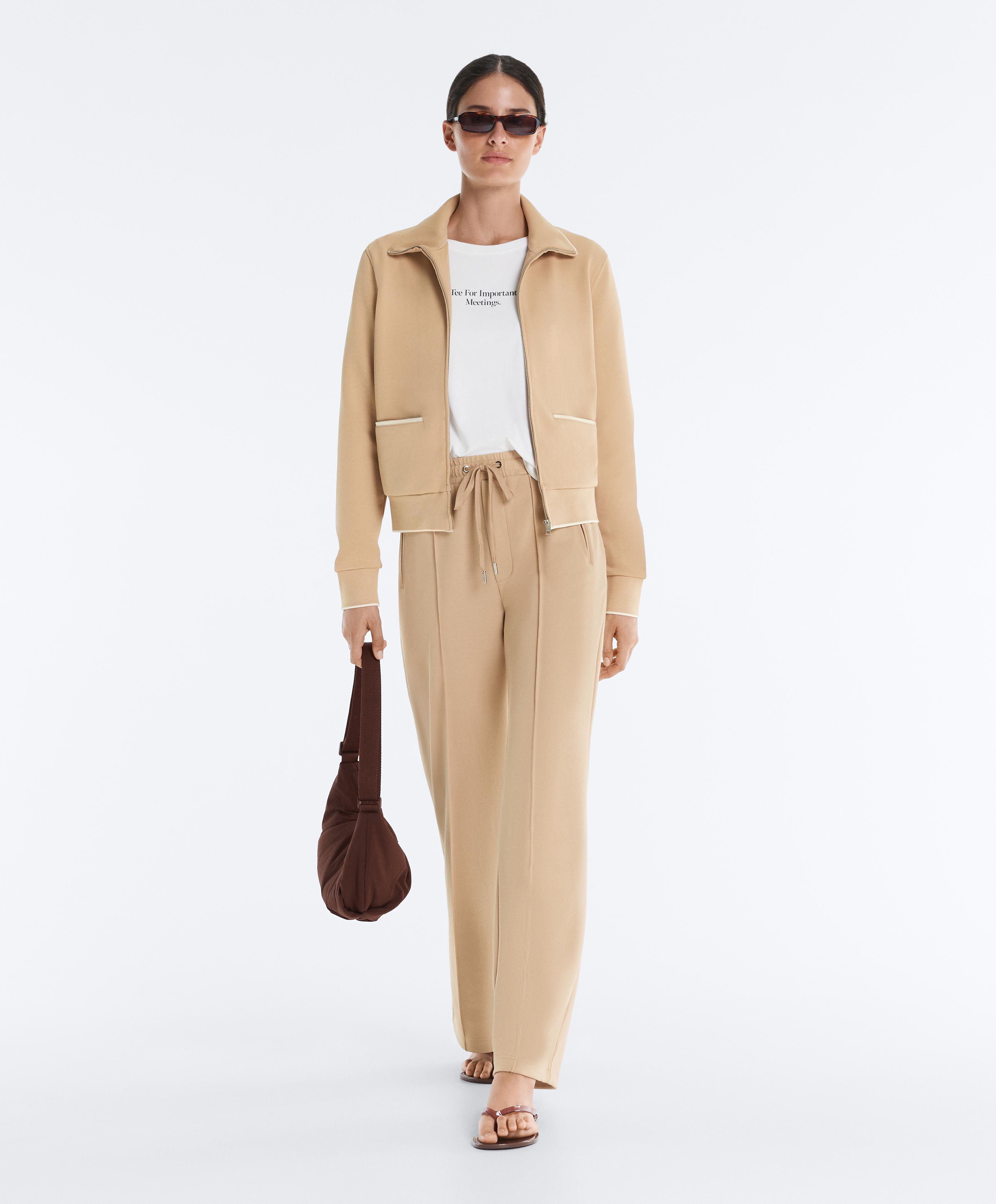 Cotton piqué jacket with piping — BEIGE